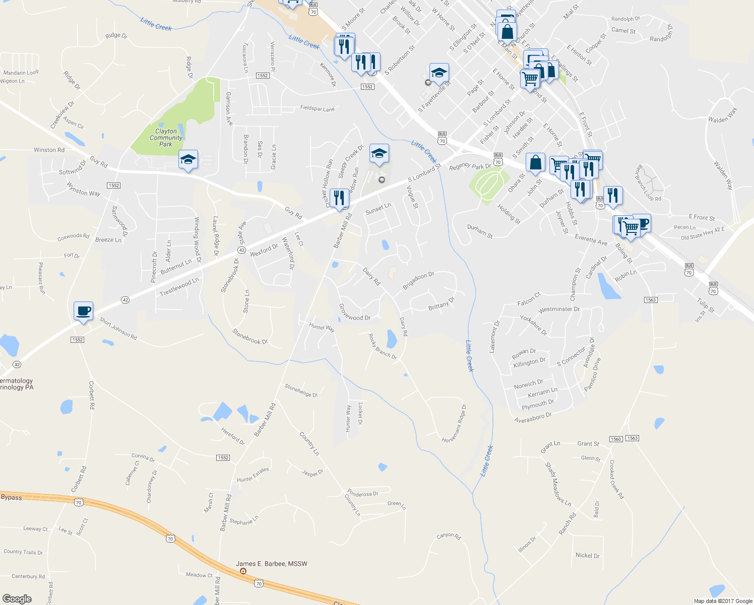 map of restaurants, bars, coffee shops, grocery stores, and more near 2001 McKinnon Drive in Clayton