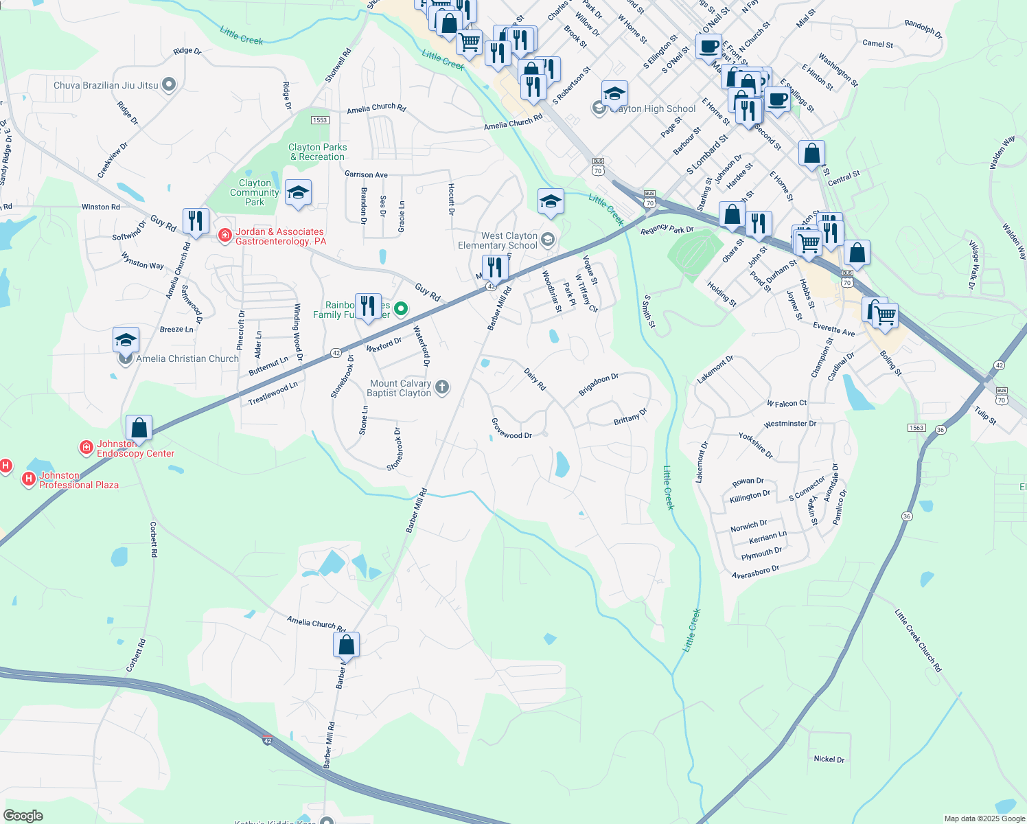 map of restaurants, bars, coffee shops, grocery stores, and more near 2116 McKinnon Drive in Clayton