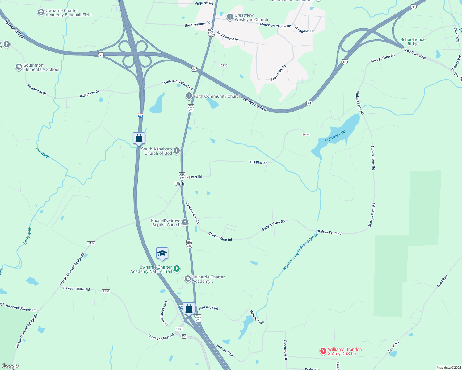 map of restaurants, bars, coffee shops, grocery stores, and more near 362 Tall Pine Street in Asheboro