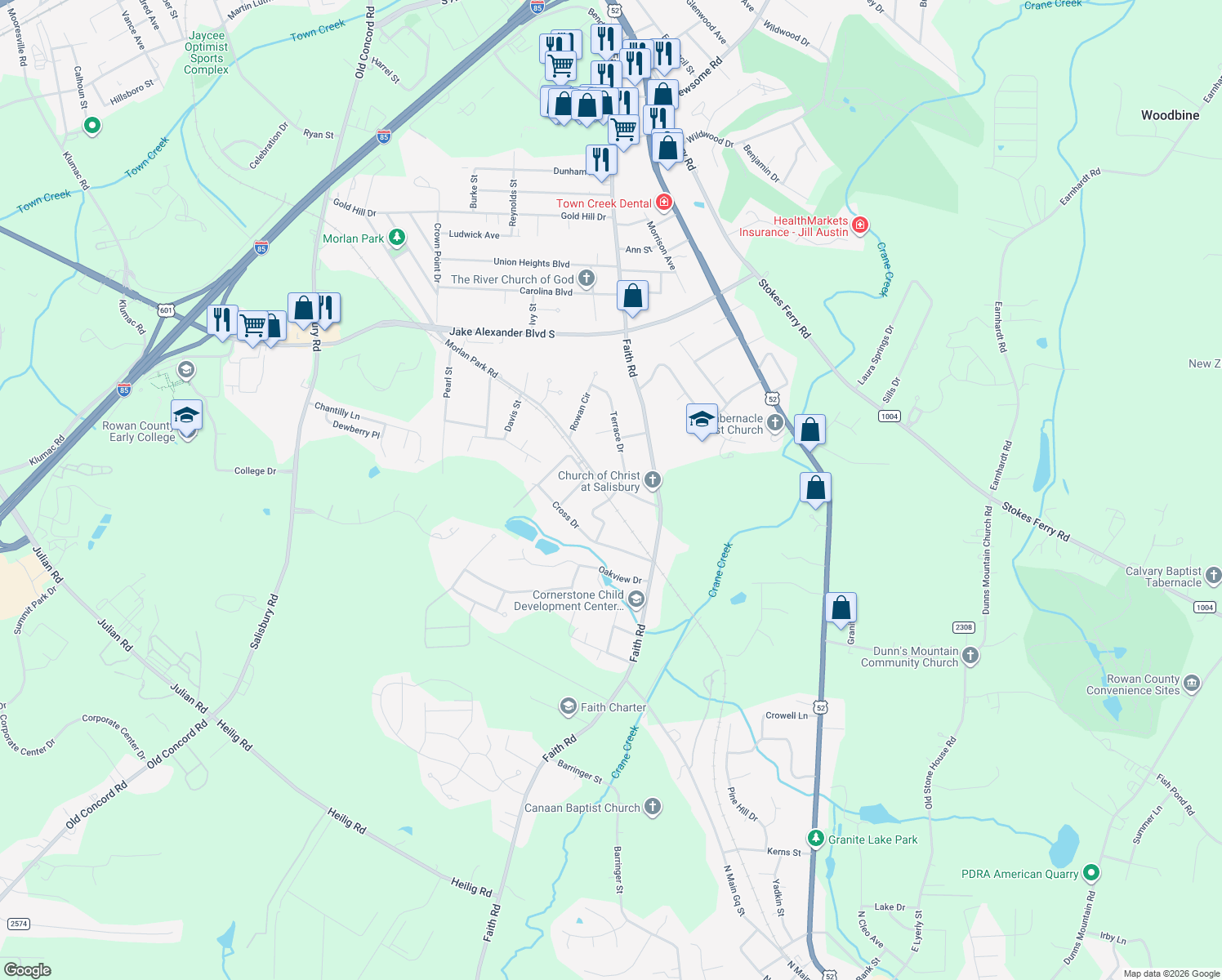 map of restaurants, bars, coffee shops, grocery stores, and more near 201 Morlan Park Road in Salisbury