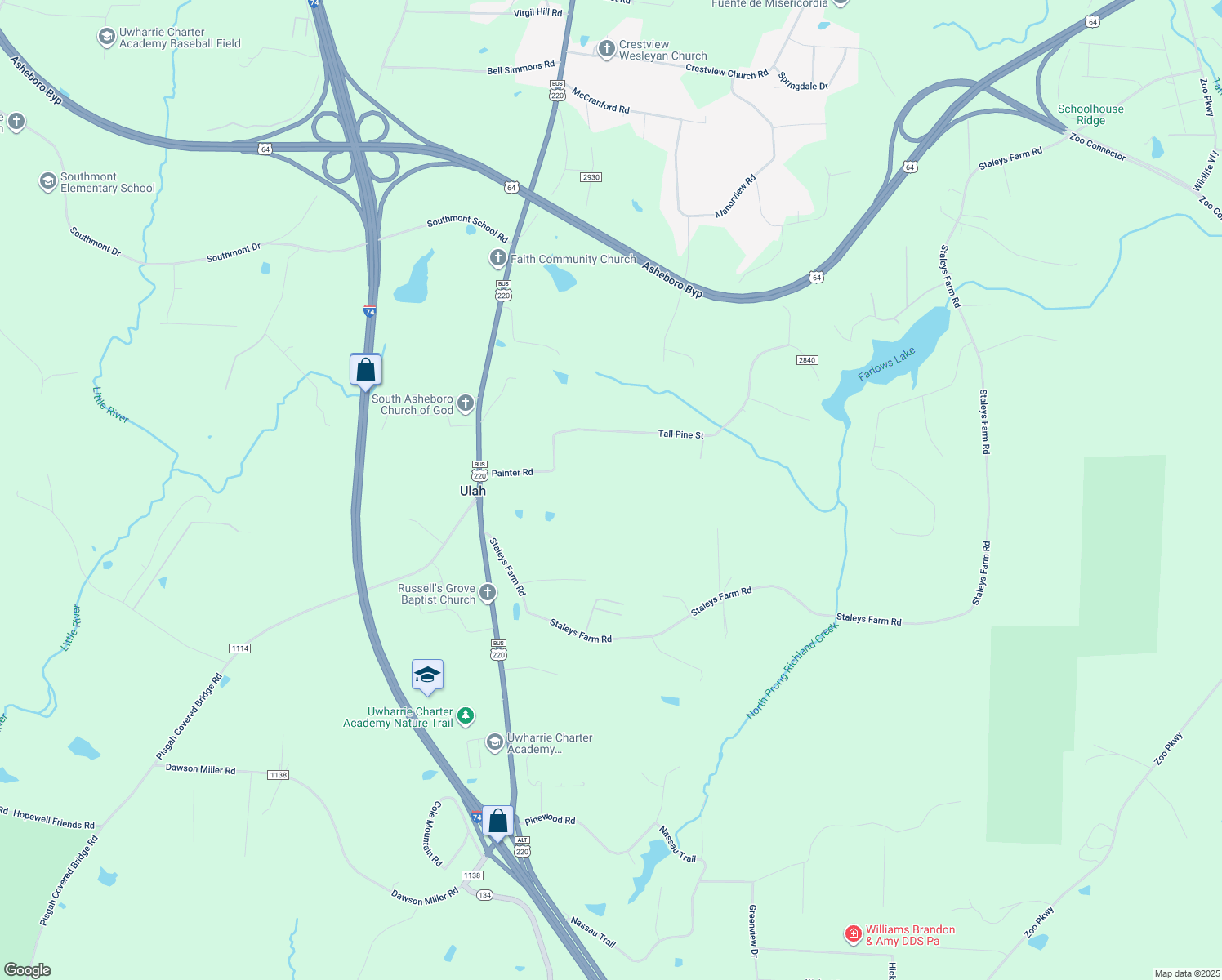 map of restaurants, bars, coffee shops, grocery stores, and more near 362 Tall Pine Street in Asheboro