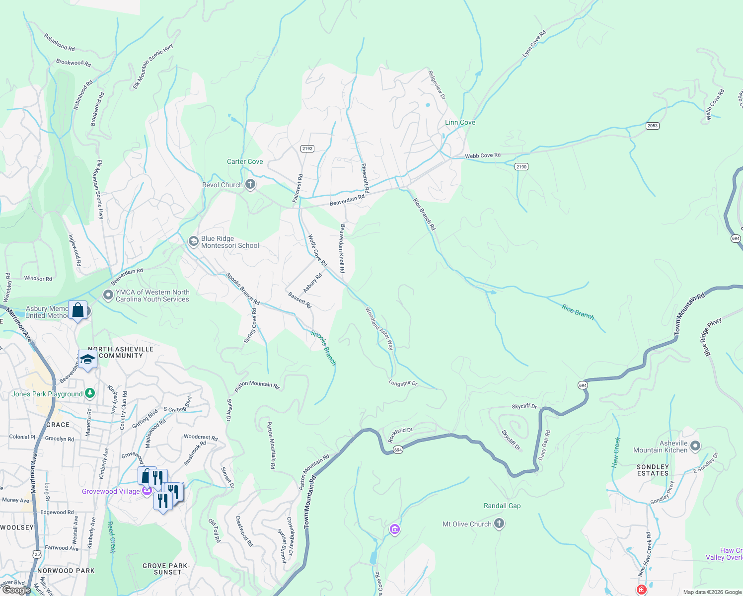 map of restaurants, bars, coffee shops, grocery stores, and more near 119 Wolfe Cove Road in Asheville
