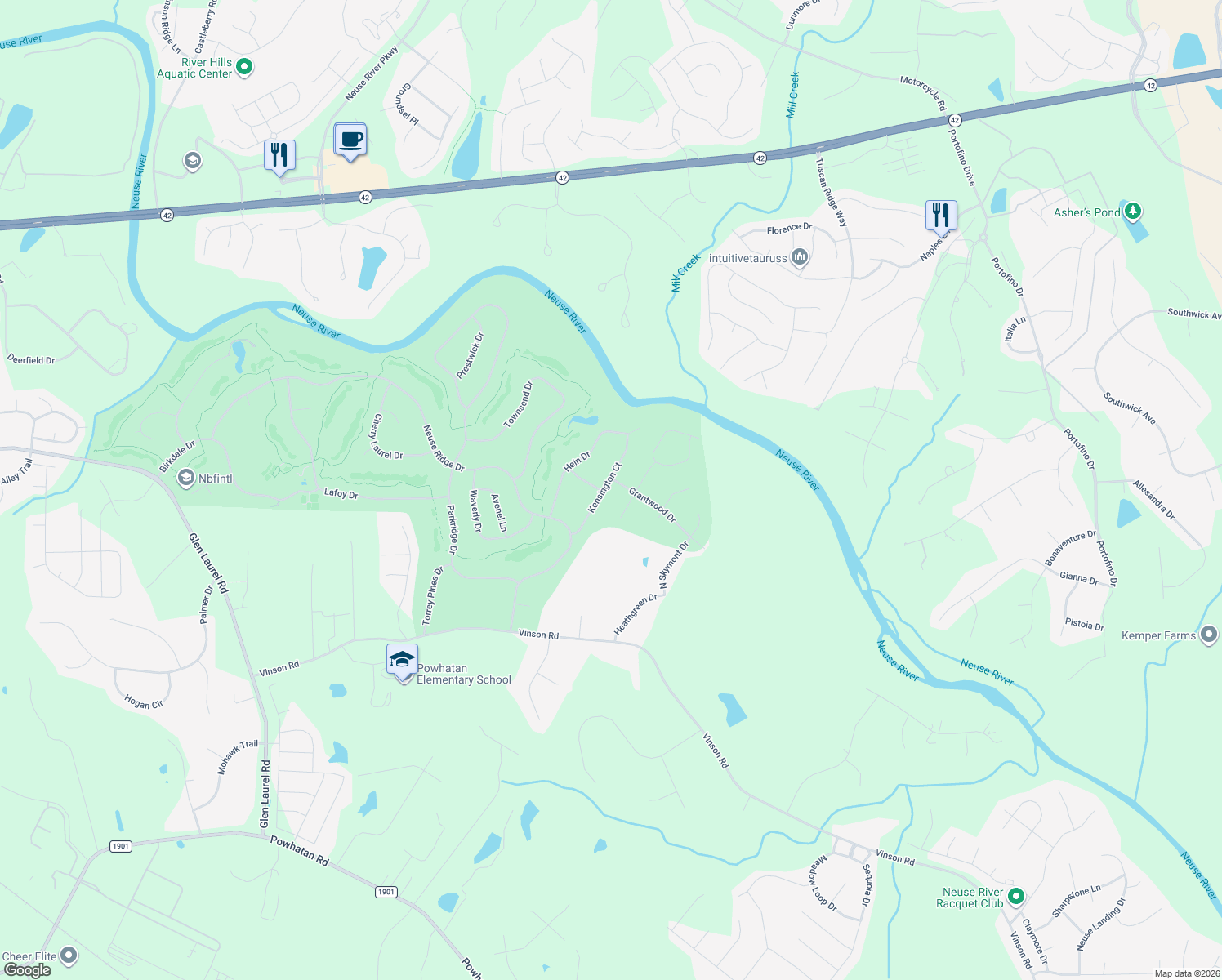 map of restaurants, bars, coffee shops, grocery stores, and more near 200 Kensington Court in Clayton