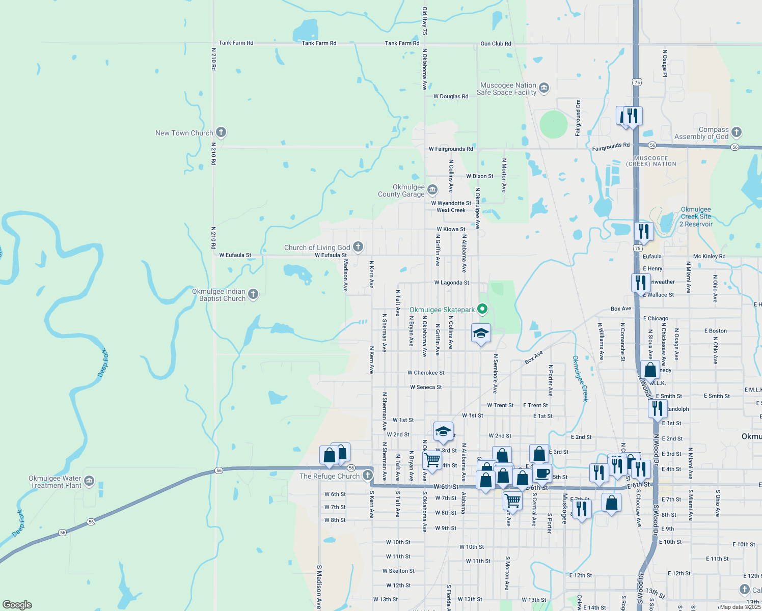 map of restaurants, bars, coffee shops, grocery stores, and more near 1101 West Melrose Street in Okmulgee