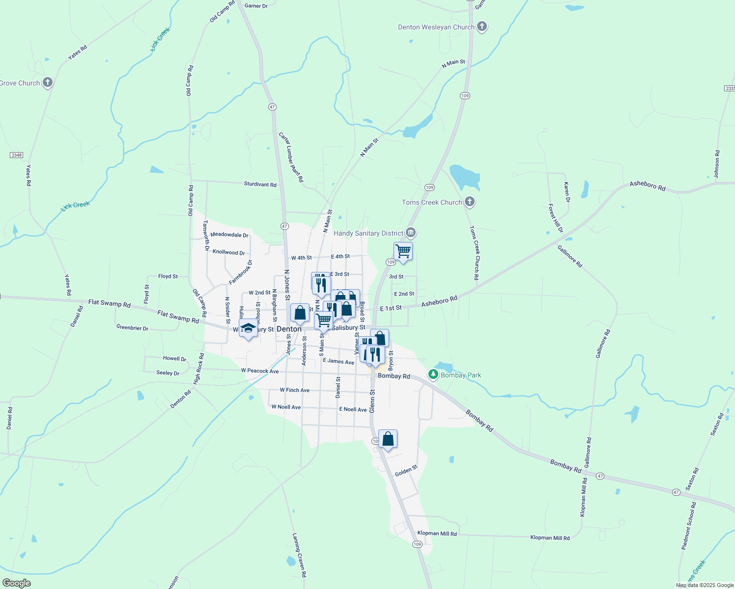 map of restaurants, bars, coffee shops, grocery stores, and more near East 2nd Street in Denton