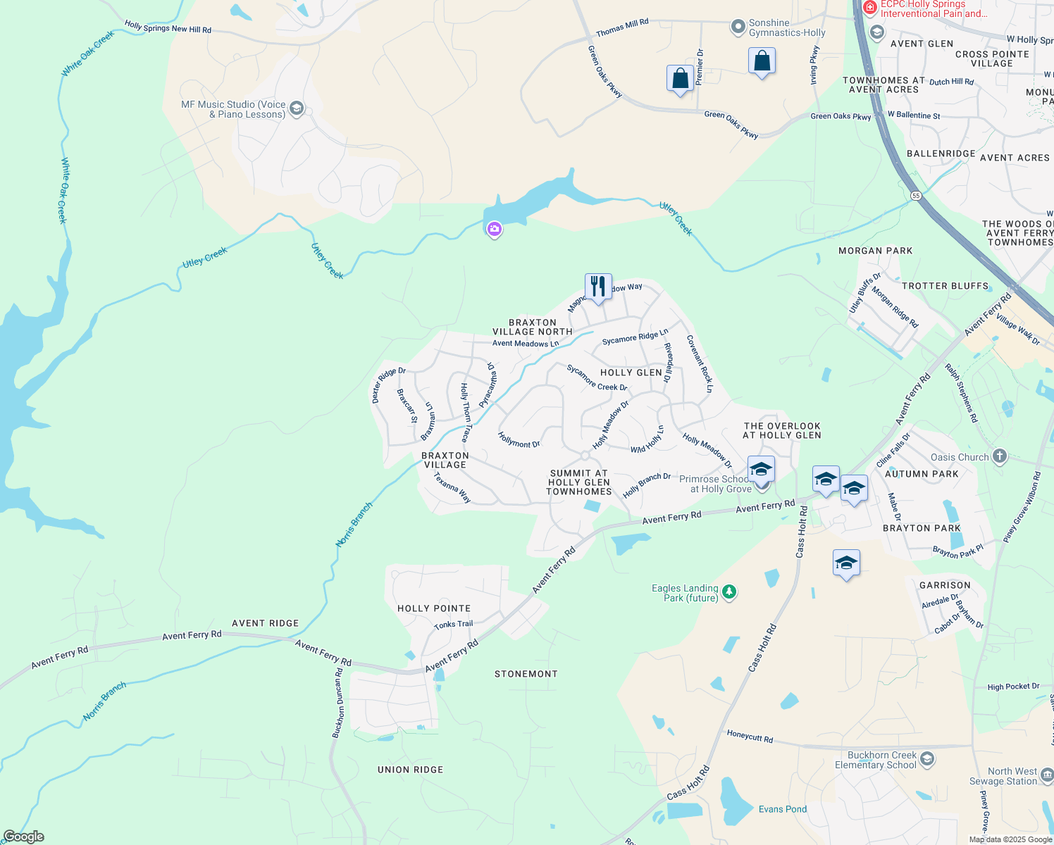 map of restaurants, bars, coffee shops, grocery stores, and more near 145 Roslin Way in Holly Springs