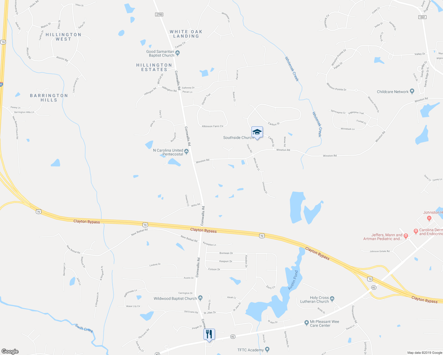 map of restaurants, bars, coffee shops, grocery stores, and more near 6588 Cornwallis Road in Garner