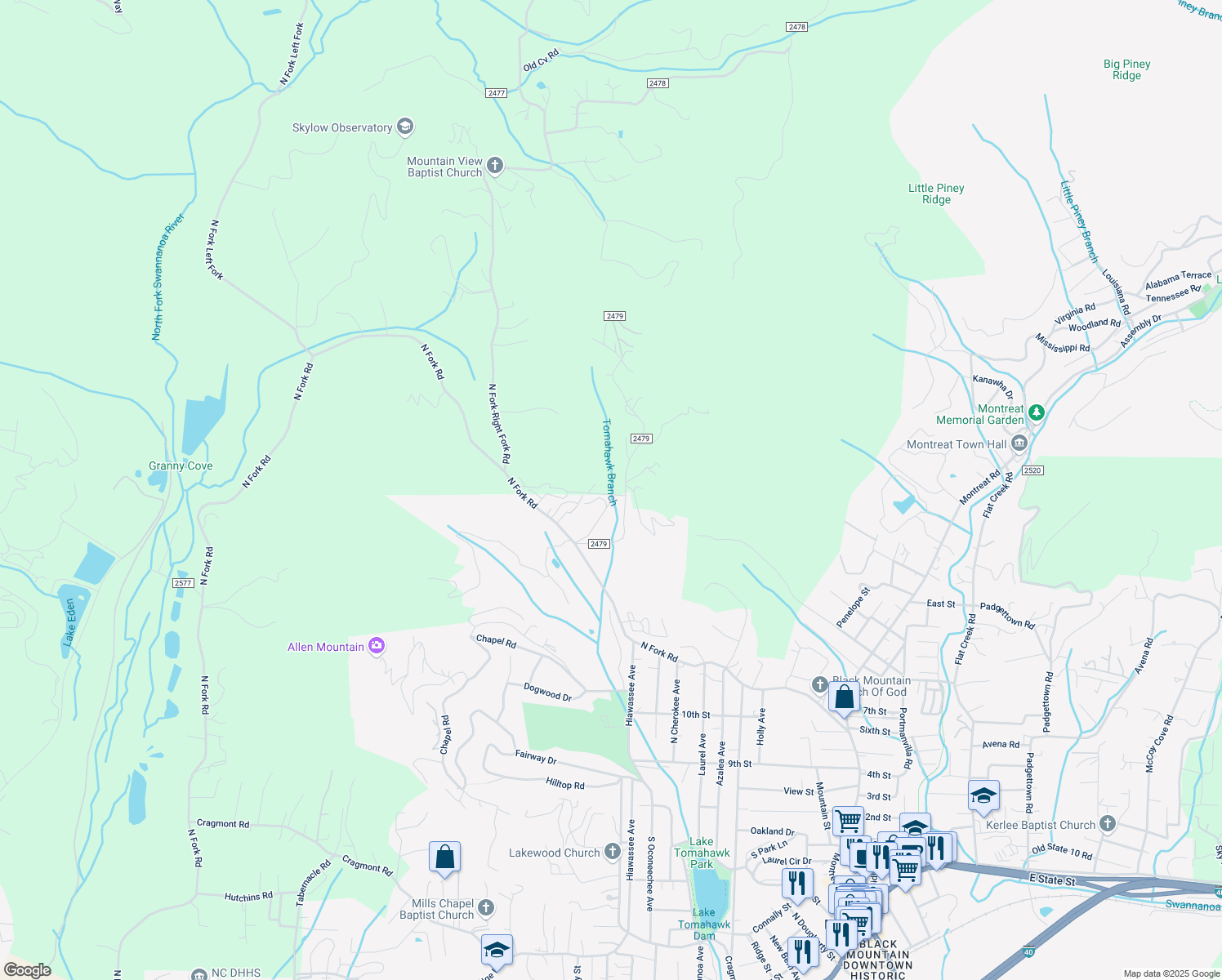 map of restaurants, bars, coffee shops, grocery stores, and more near 5 Ridge Hill Road in Black Mountain