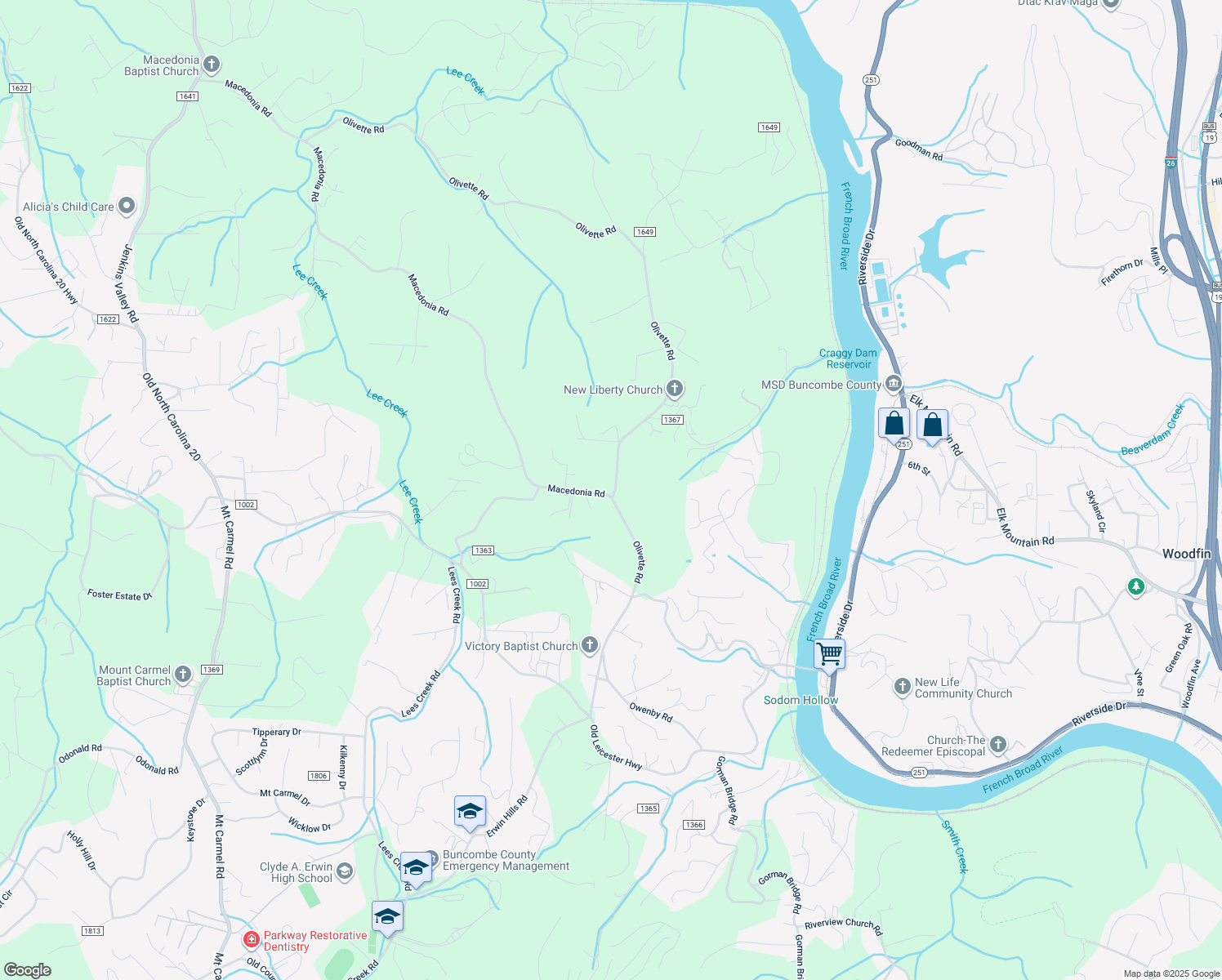 map of restaurants, bars, coffee shops, grocery stores, and more near 432 Olivette Road in Asheville