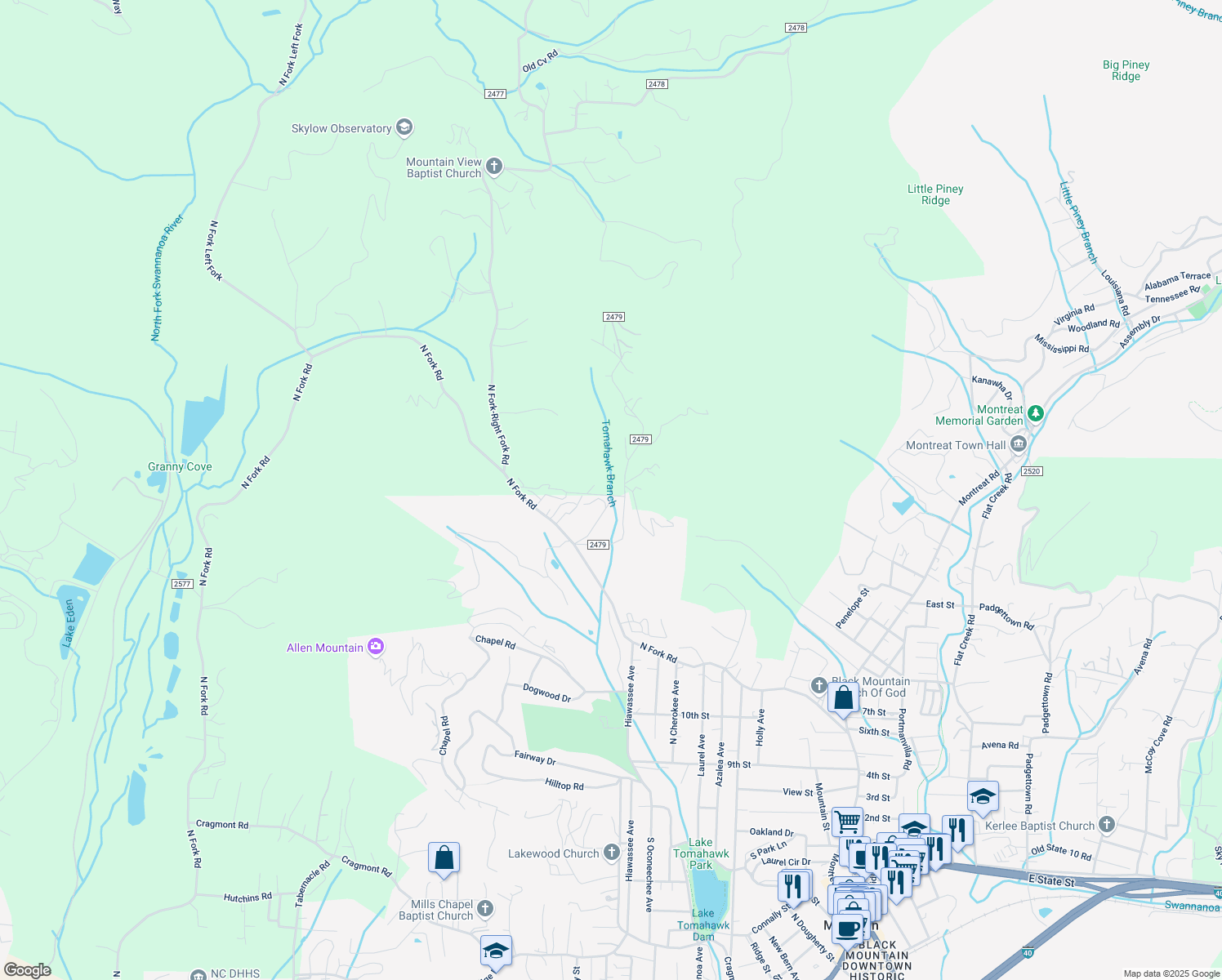 map of restaurants, bars, coffee shops, grocery stores, and more near 5 Ridge Hill Road in Black Mountain