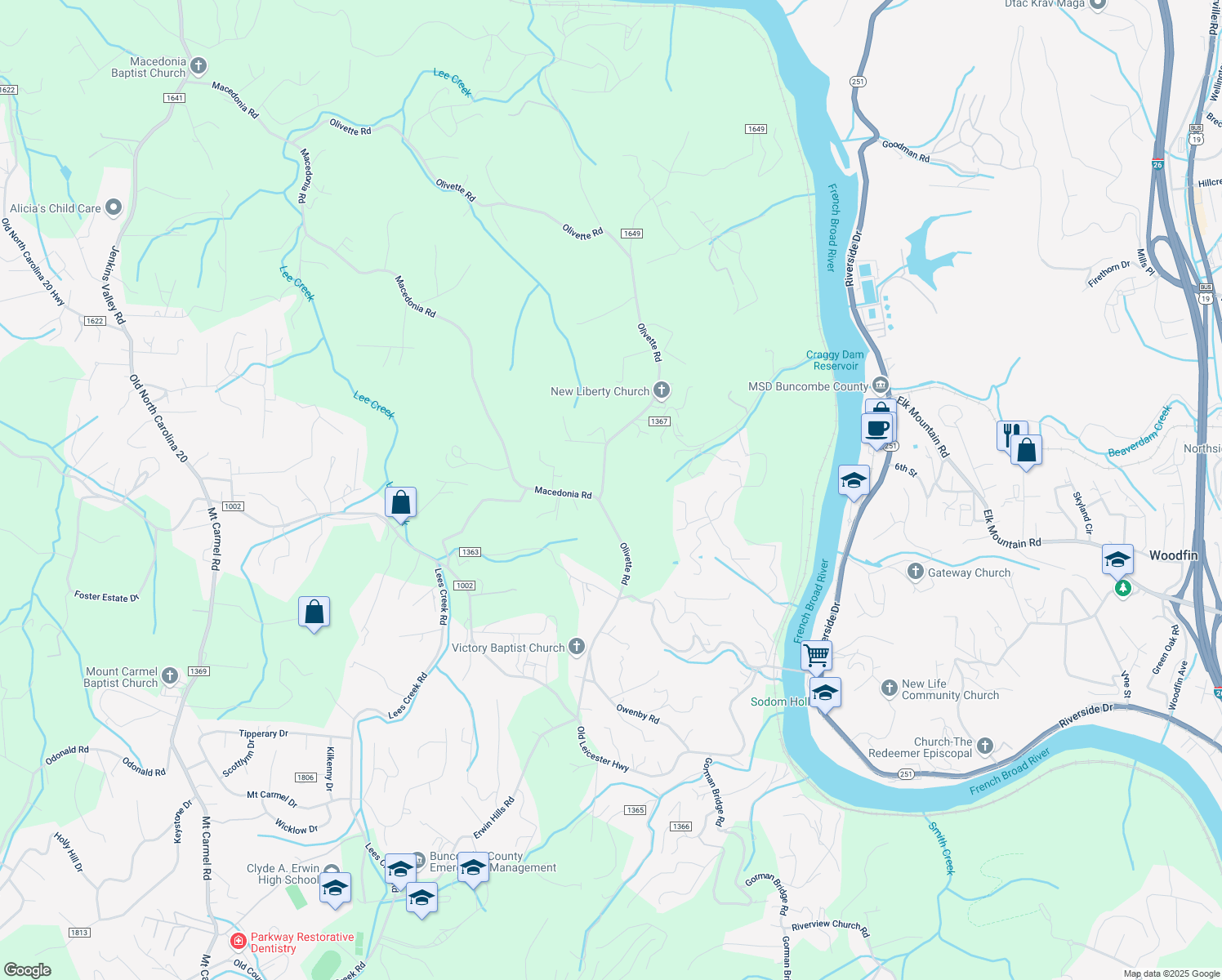 map of restaurants, bars, coffee shops, grocery stores, and more near 435 Olivette Road in Asheville
