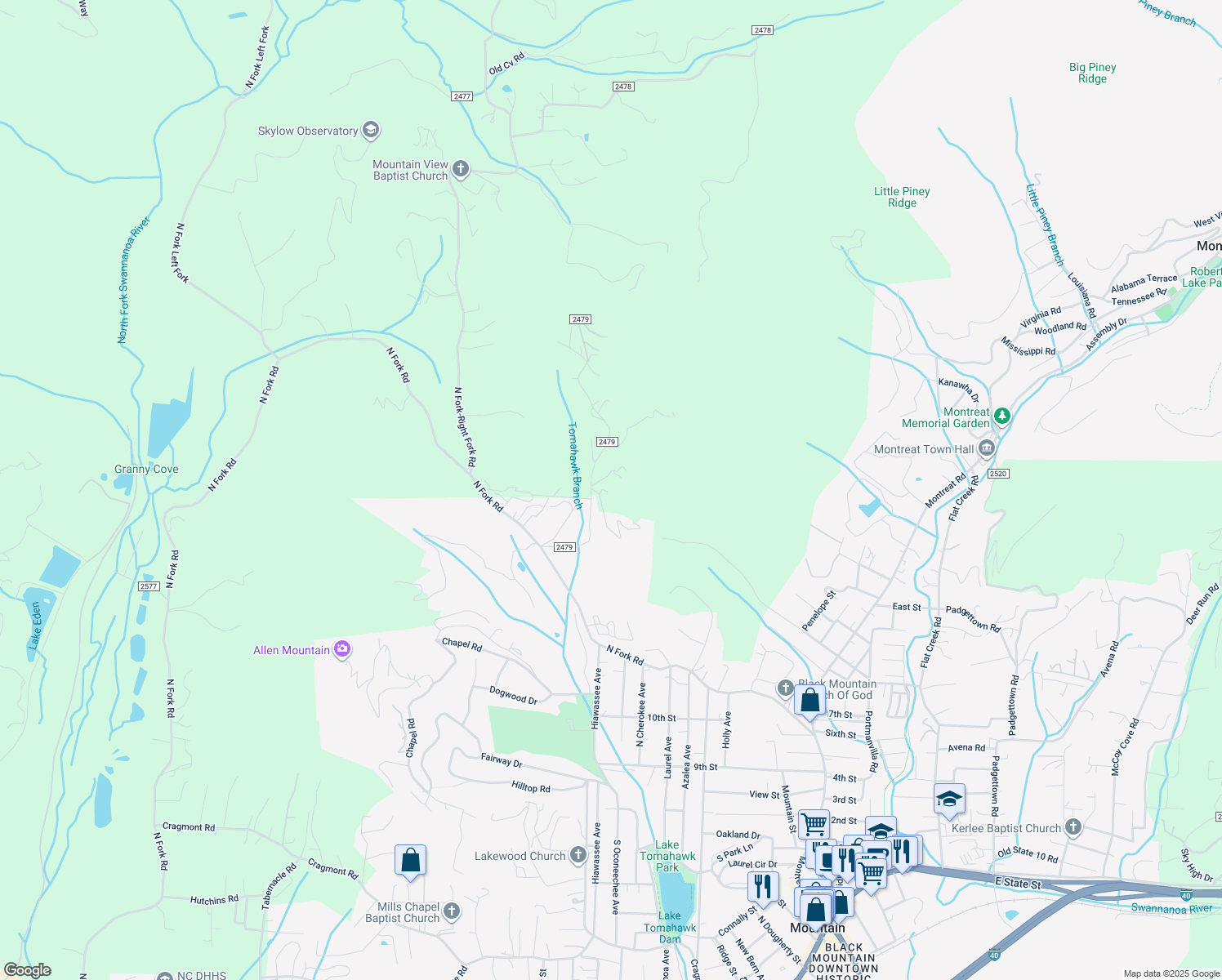 map of restaurants, bars, coffee shops, grocery stores, and more near 19 Old Stone Road in Black Mountain
