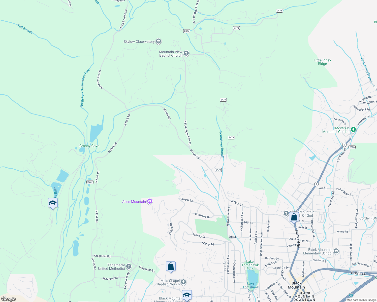 map of restaurants, bars, coffee shops, grocery stores, and more near 2001 North Fork-Right Fork Road in Black Mountain