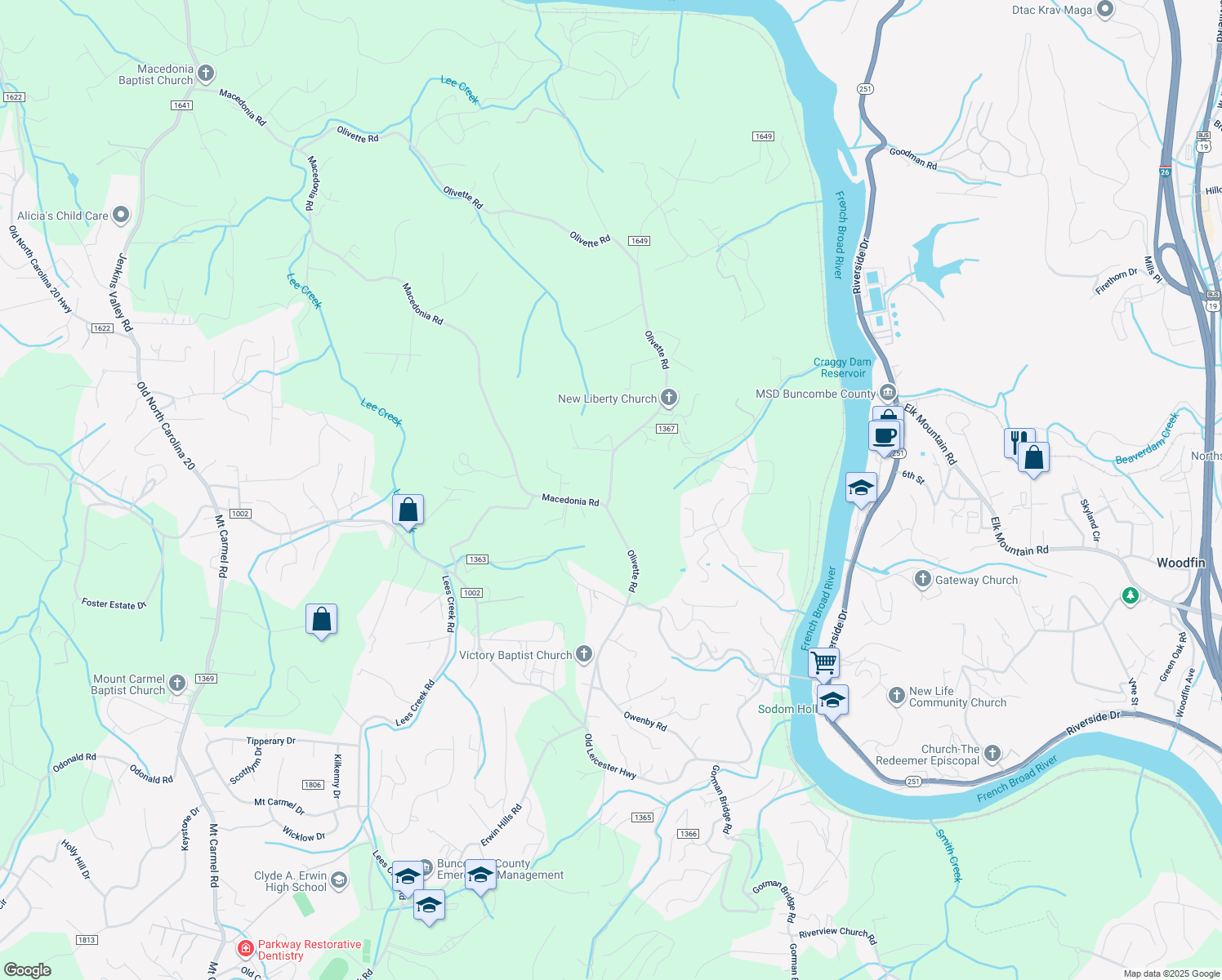 map of restaurants, bars, coffee shops, grocery stores, and more near 435 Olivette Road in Asheville