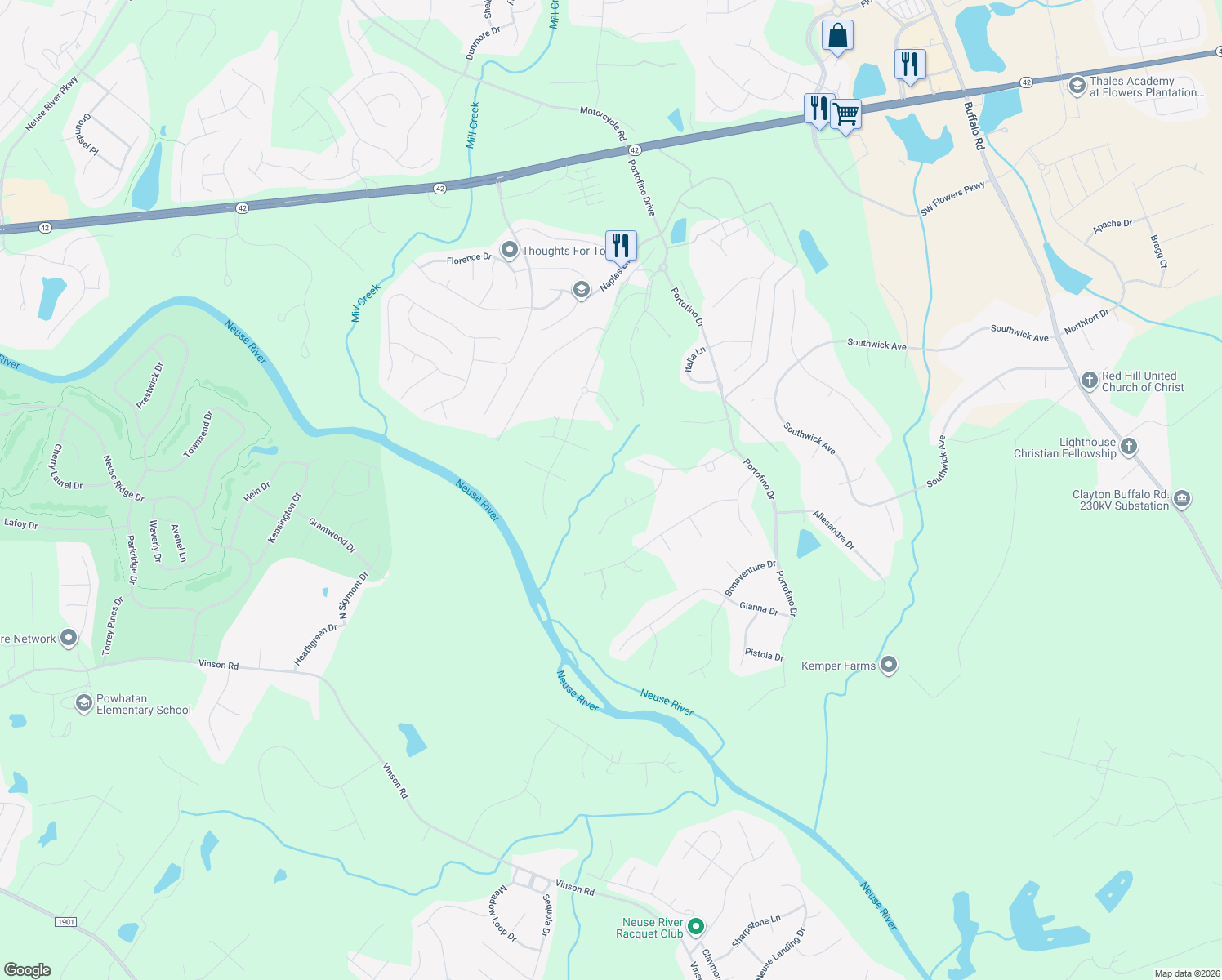 map of restaurants, bars, coffee shops, grocery stores, and more near 33 Tivoli Court in Clayton