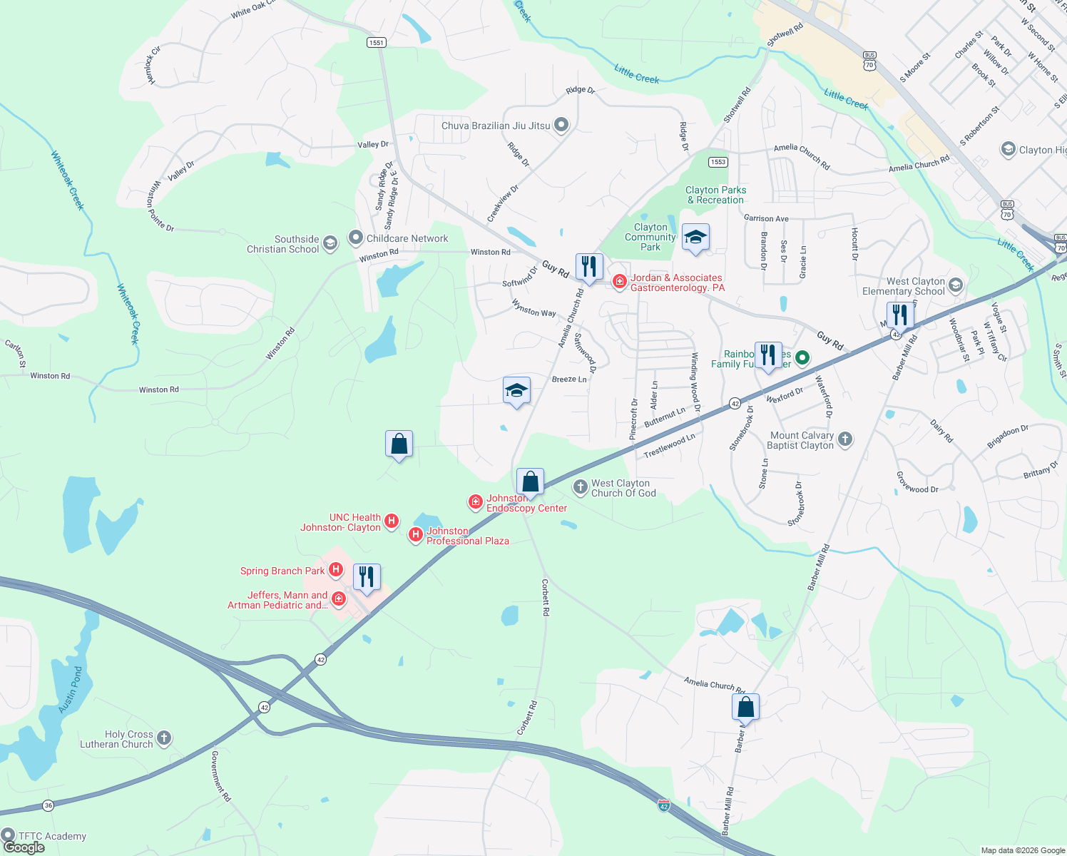 map of restaurants, bars, coffee shops, grocery stores, and more near 1689 Amelia Church Rd in Clayton