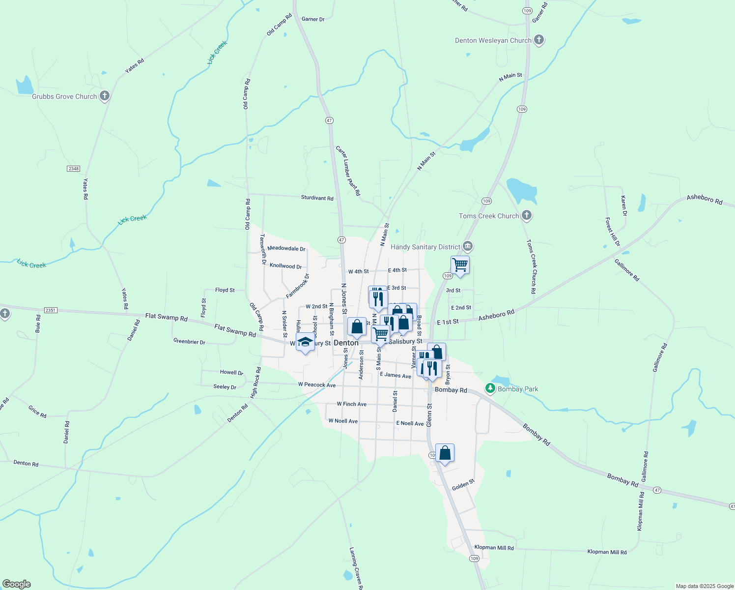 map of restaurants, bars, coffee shops, grocery stores, and more near 229 North Main Street in Denton