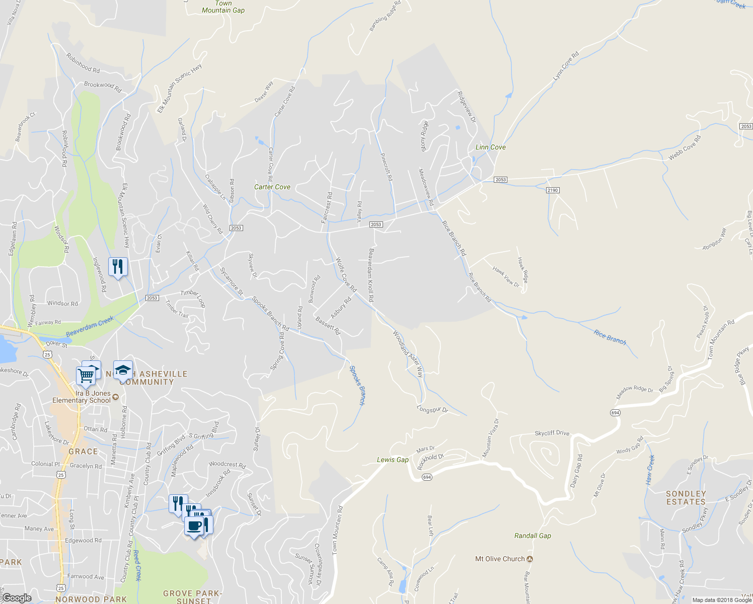 map of restaurants, bars, coffee shops, grocery stores, and more near 80 Wolfe Cove Road in Asheville