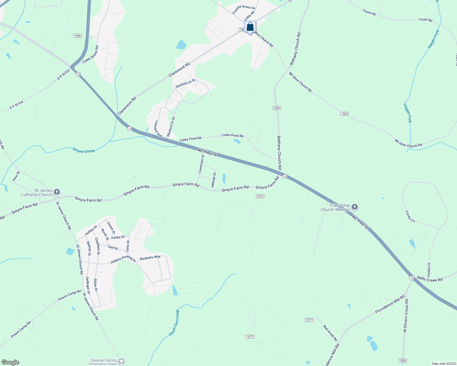 map of restaurants, bars, coffee shops, grocery stores, and more near 2390 Smyre Farm Rd in Newton