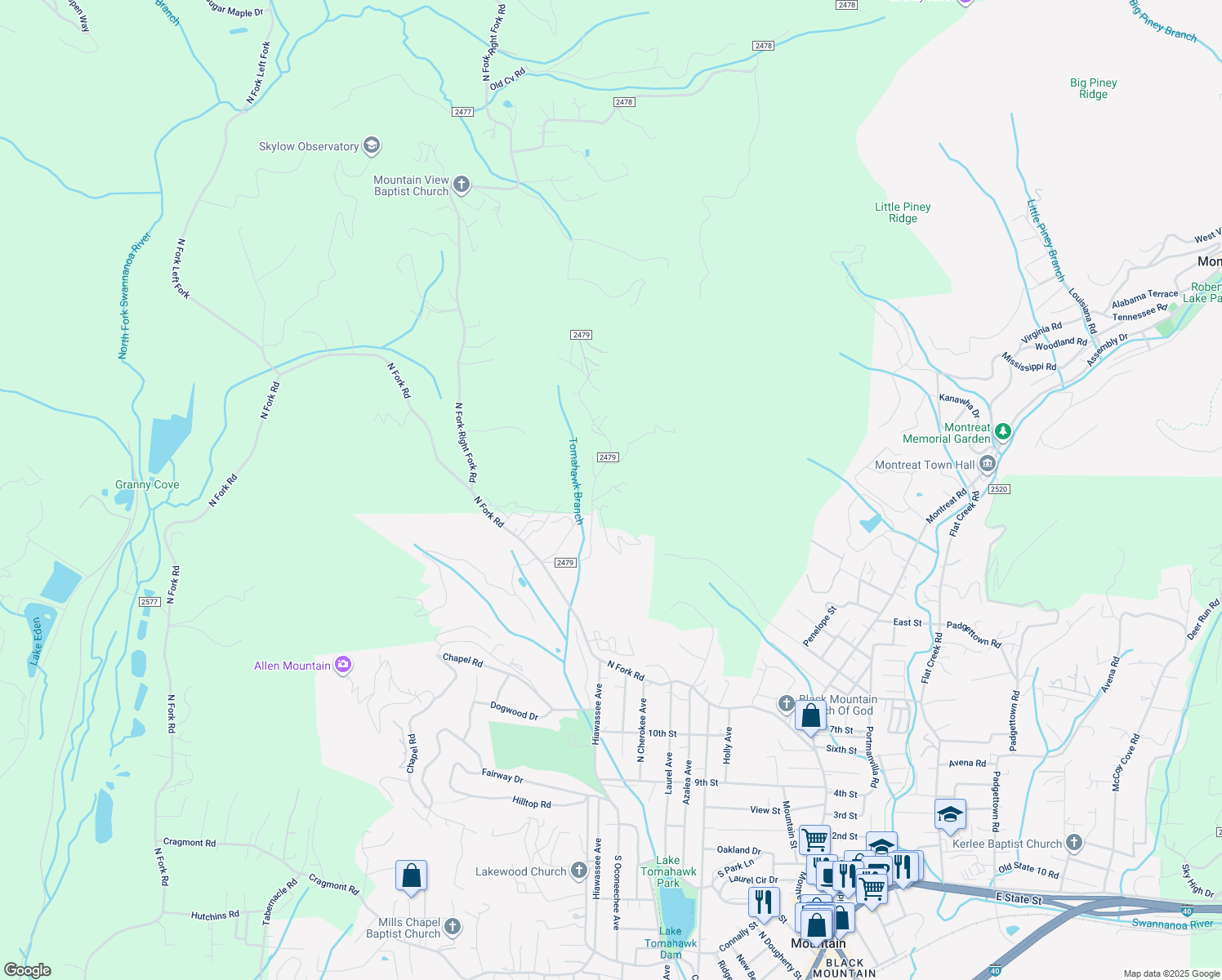 map of restaurants, bars, coffee shops, grocery stores, and more near 19 Old Stone Road in Black Mountain