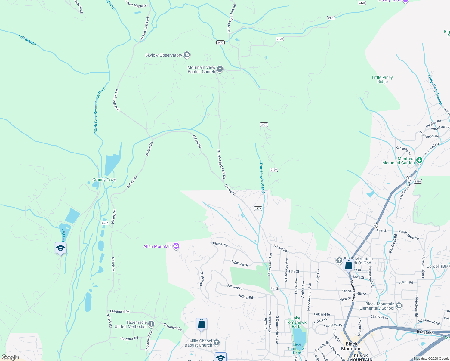 map of restaurants, bars, coffee shops, grocery stores, and more near 2001 North Fork-Right Fork Road in Black Mountain