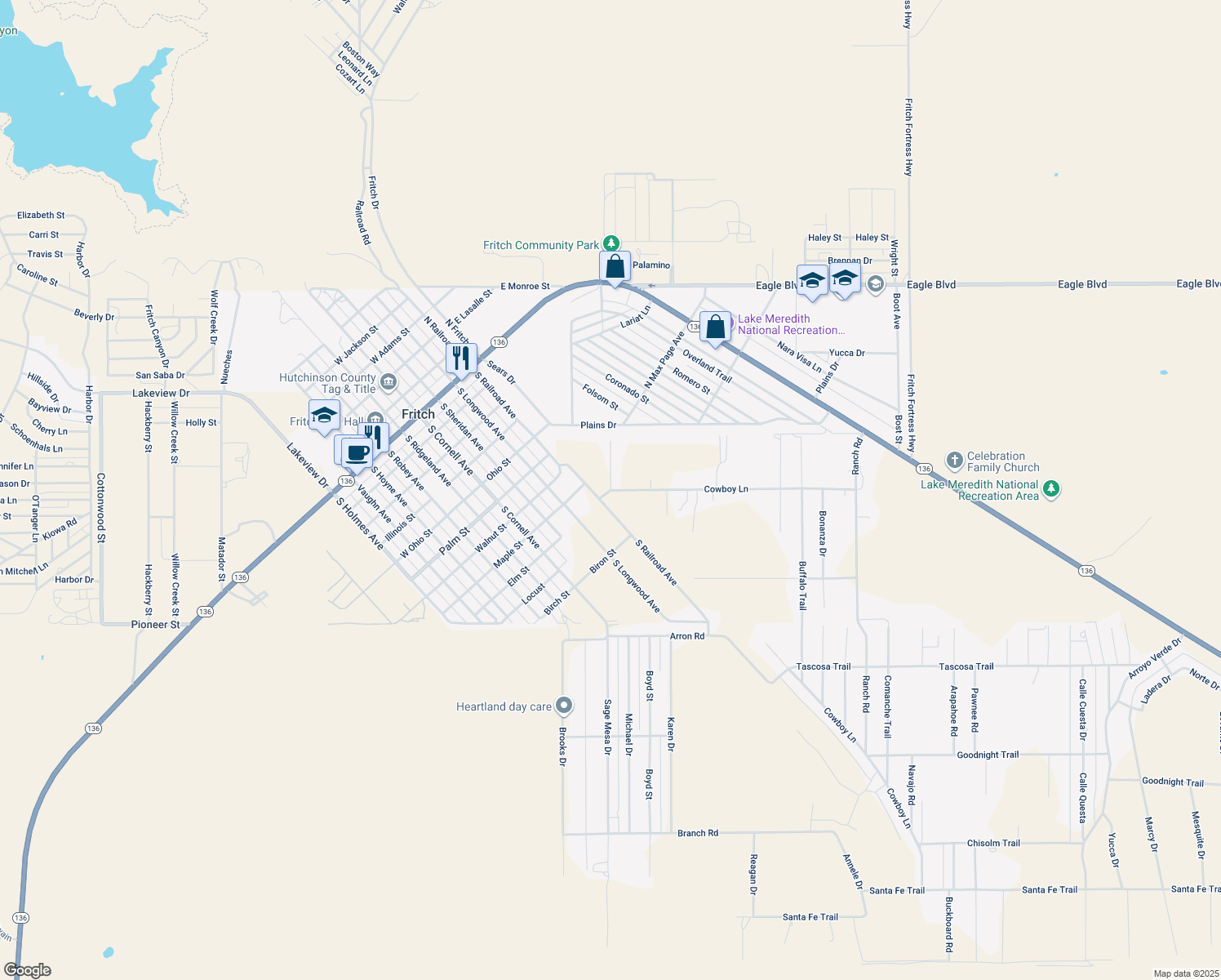 map of restaurants, bars, coffee shops, grocery stores, and more near 1 Cowboy Lane in Fritch