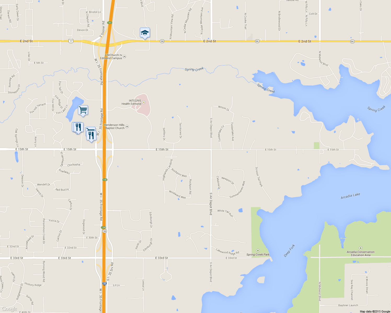 map of restaurants, bars, coffee shops, grocery stores, and more near 5500 E 15th St in Edmond