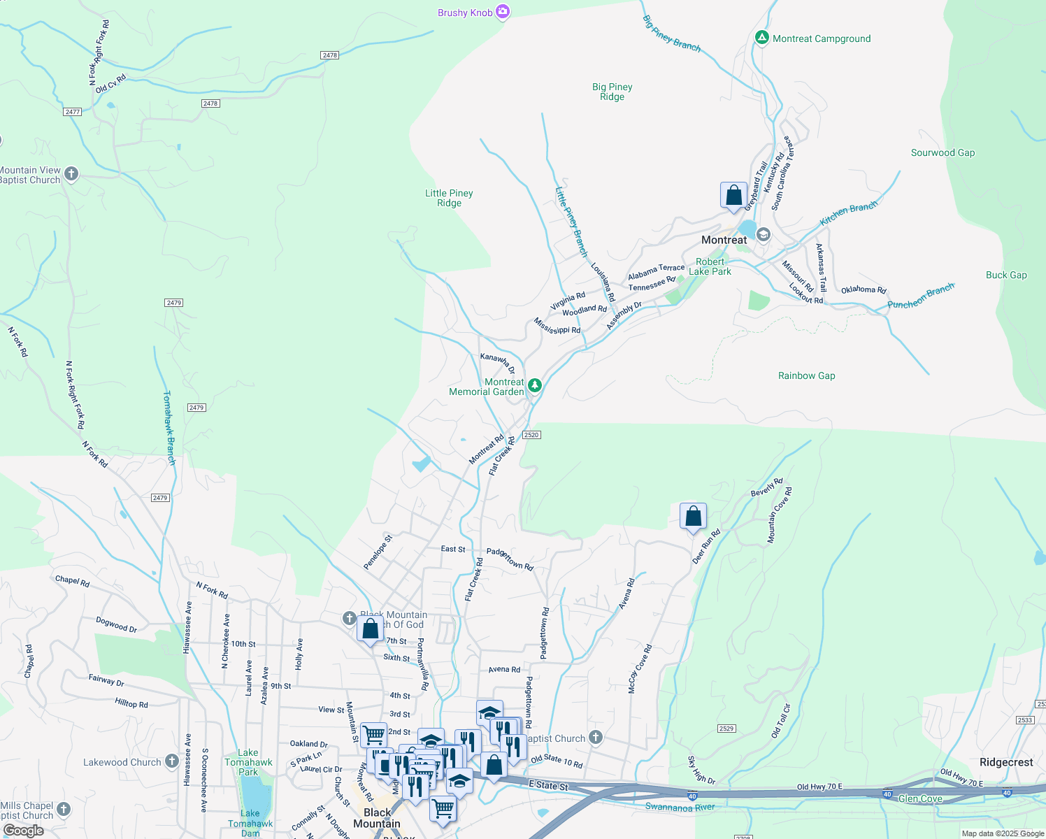 map of restaurants, bars, coffee shops, grocery stores, and more near 379 Rainbow Terrace in Black Mountain