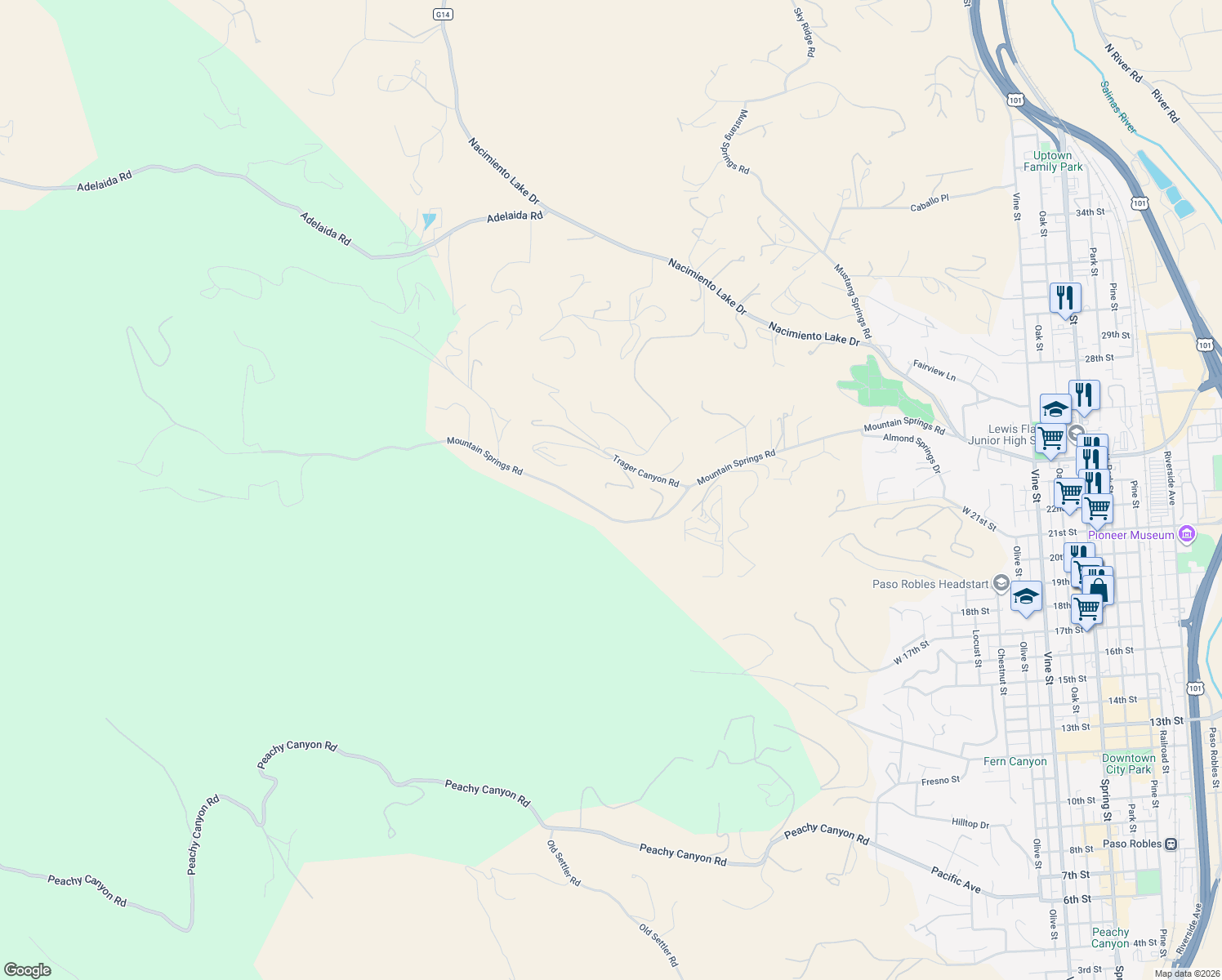 map of restaurants, bars, coffee shops, grocery stores, and more near 1475 Trager Canyon Road in Paso Robles