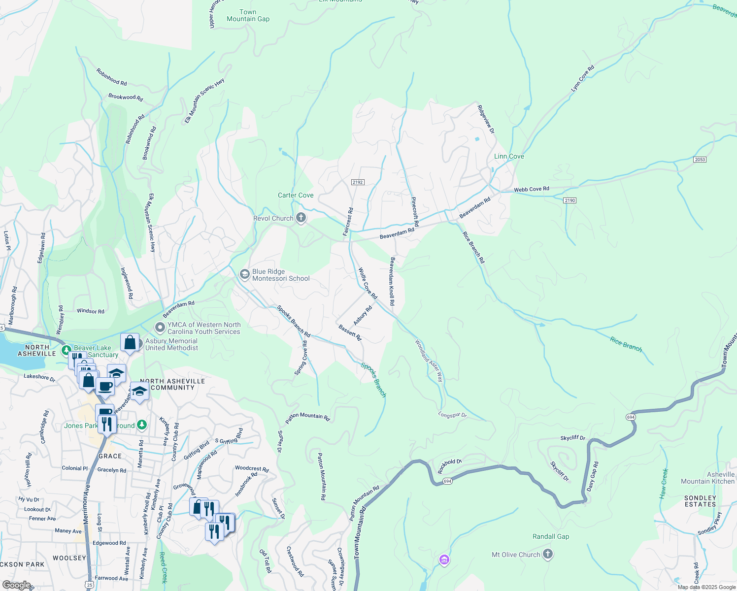 map of restaurants, bars, coffee shops, grocery stores, and more near 55 Wolfe Cove Road in Asheville