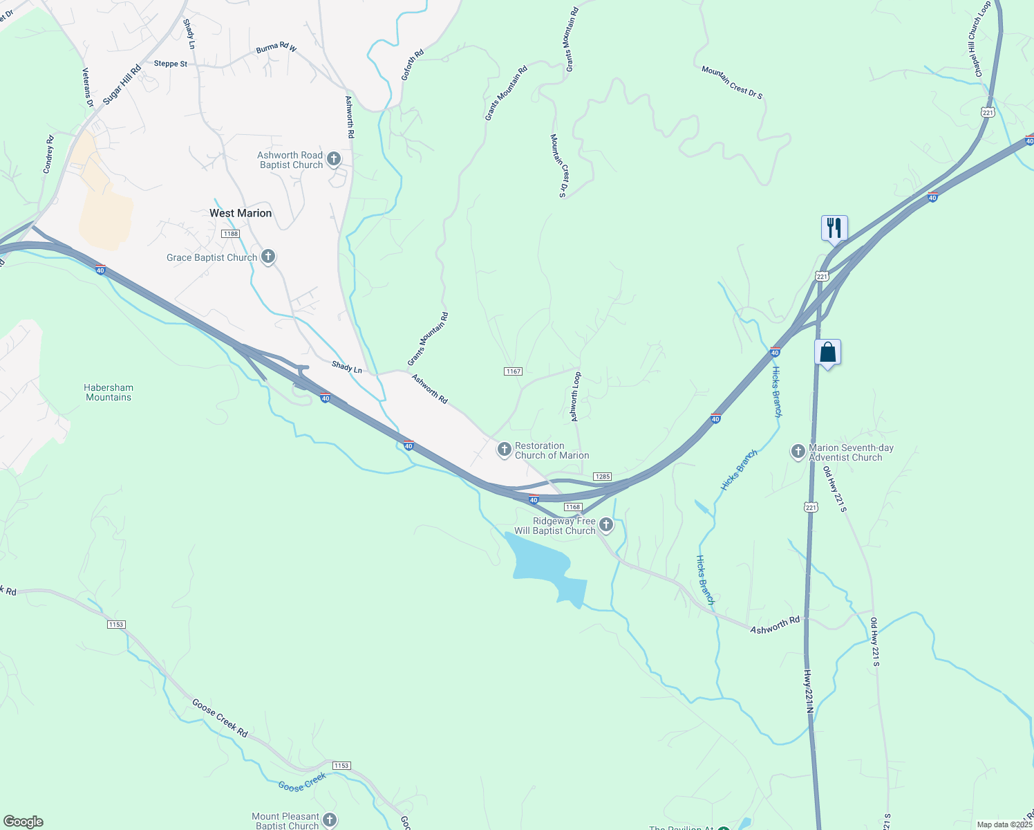 map of restaurants, bars, coffee shops, grocery stores, and more near 110 Ashworth Loop in Marion