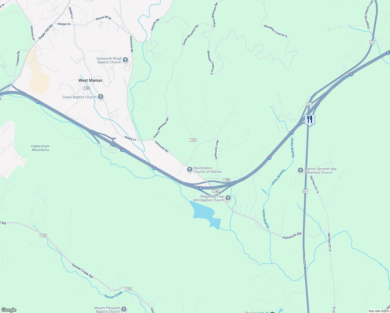 map of restaurants, bars, coffee shops, grocery stores, and more near 110 Ashworth Loop in Marion