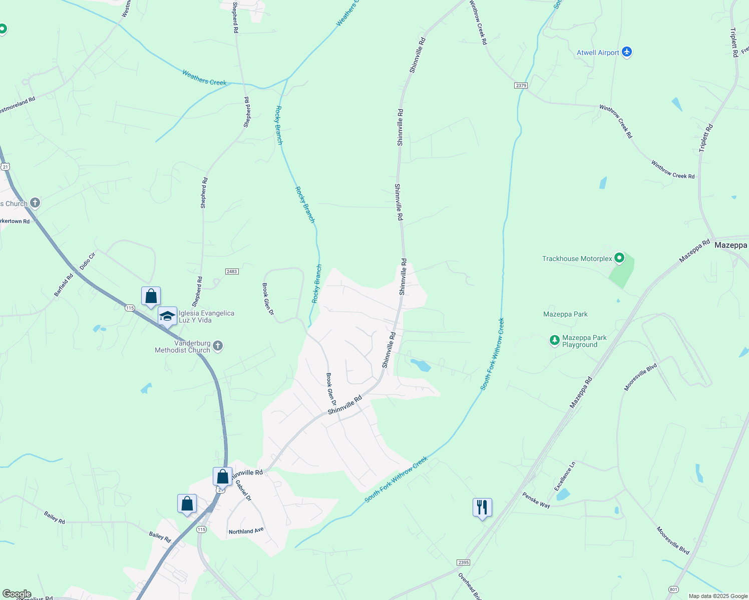 map of restaurants, bars, coffee shops, grocery stores, and more near 132 Ginger Lane in Mooresville