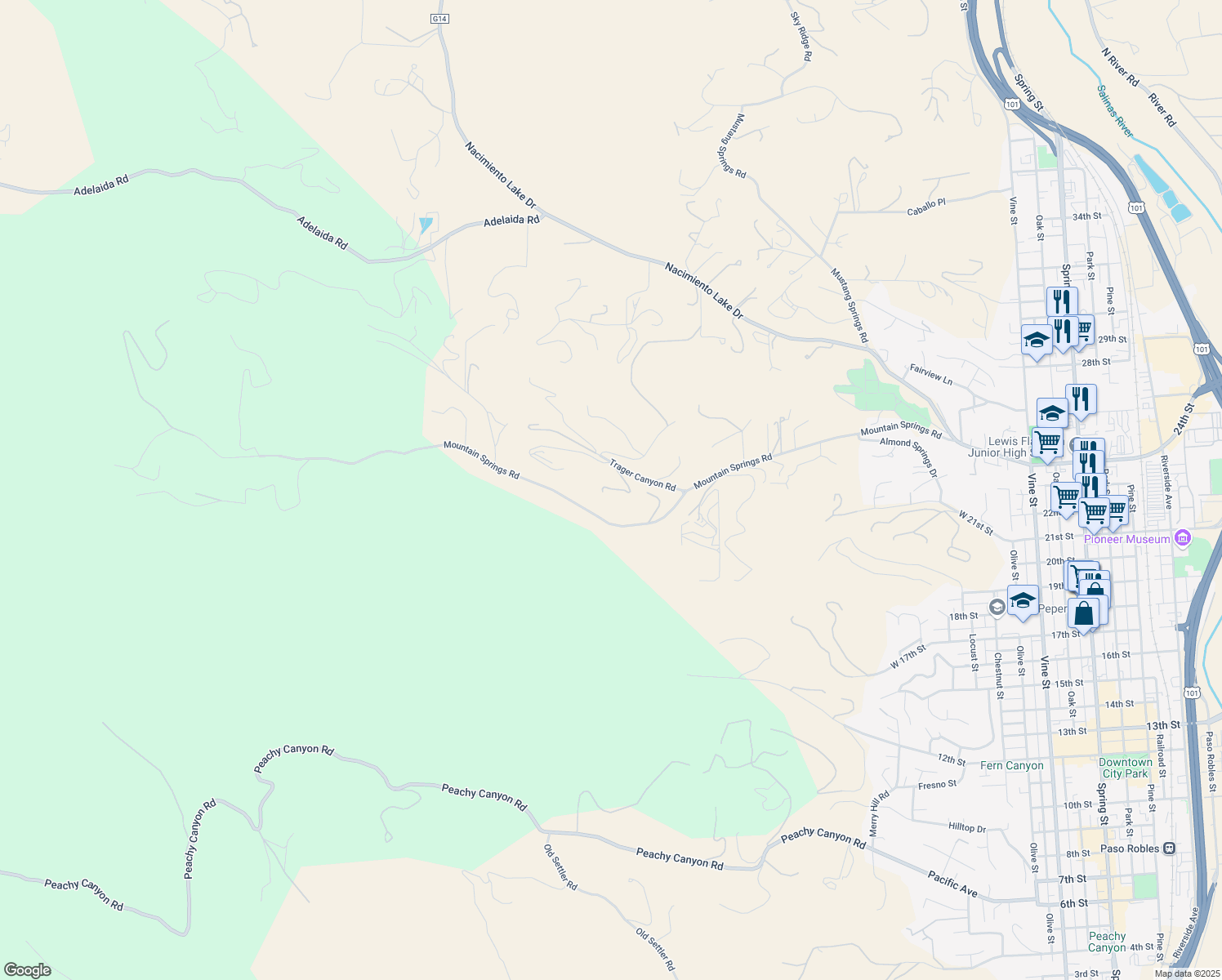 map of restaurants, bars, coffee shops, grocery stores, and more near 1475 Trager Canyon Road in Paso Robles