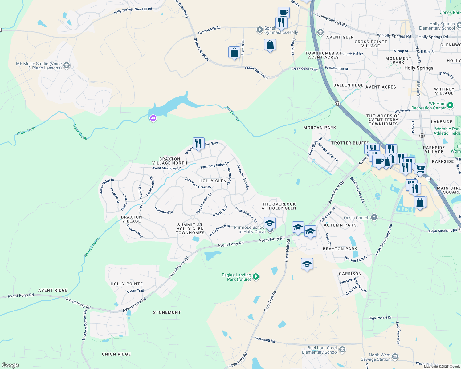 map of restaurants, bars, coffee shops, grocery stores, and more near 113 Rivendell Drive in Holly Springs