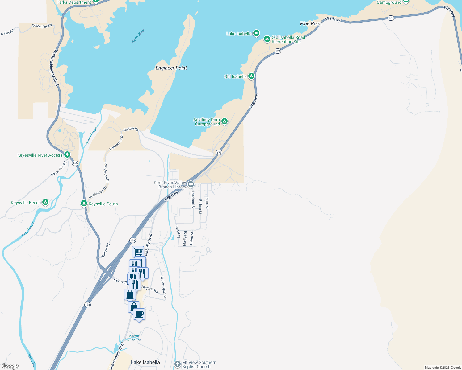 map of restaurants, bars, coffee shops, grocery stores, and more near 3350 Eva Avenue in Lake Isabella
