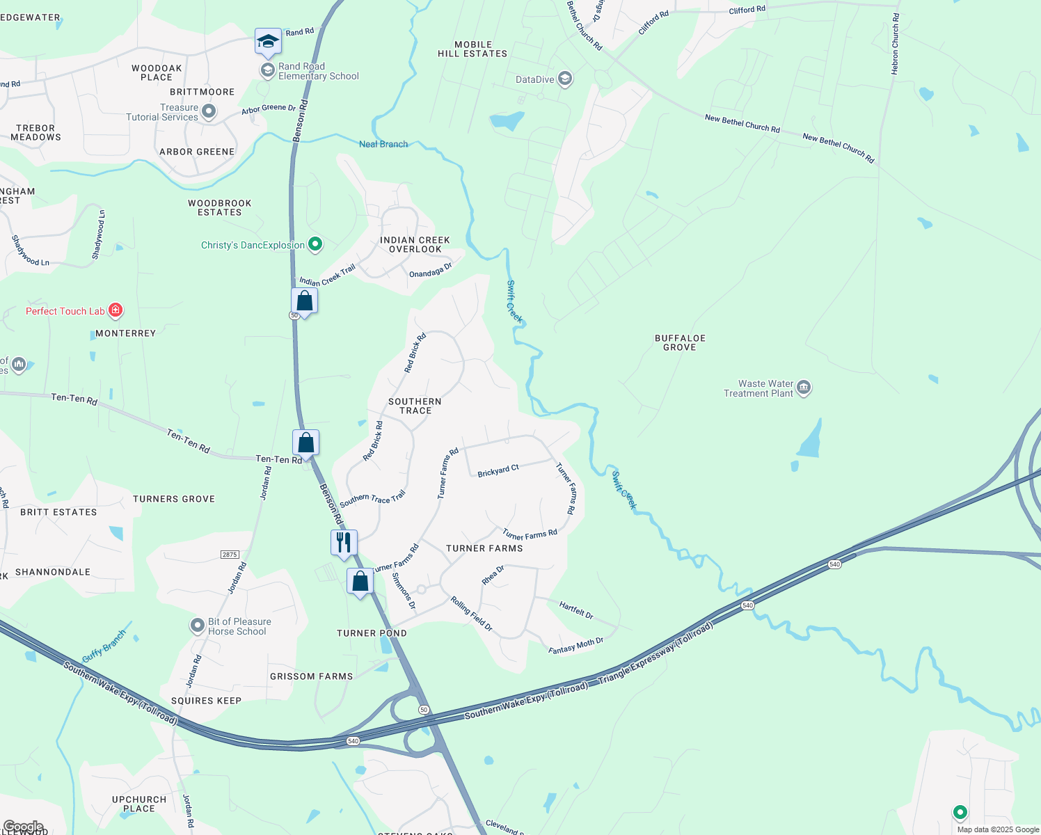 map of restaurants, bars, coffee shops, grocery stores, and more near 5405 Massengill Court in Garner