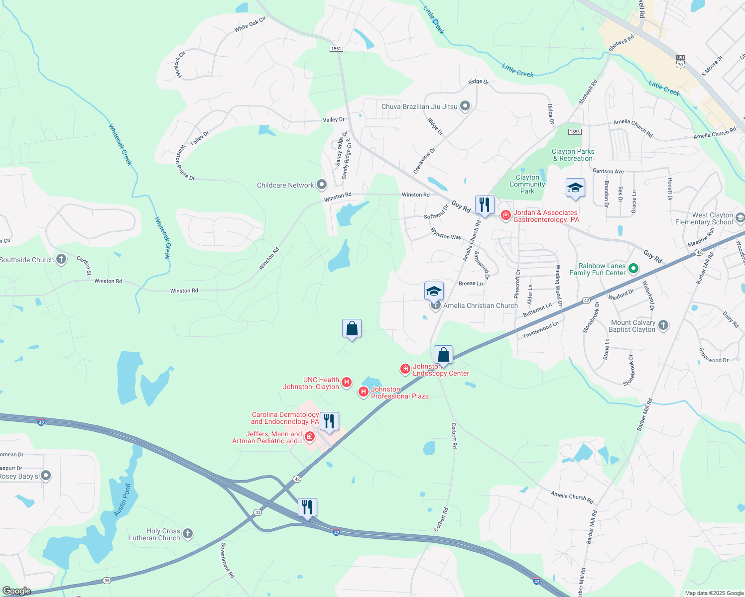 map of restaurants, bars, coffee shops, grocery stores, and more near 2112 Fort Dr in Clayton