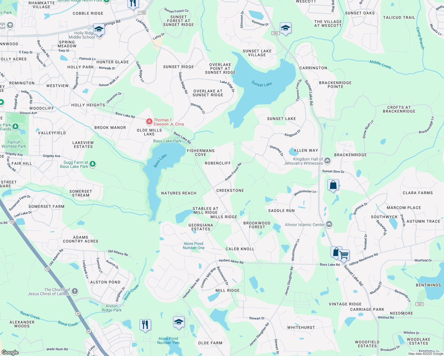 map of restaurants, bars, coffee shops, grocery stores, and more near 4408 Arden Forest Road in Holly Springs