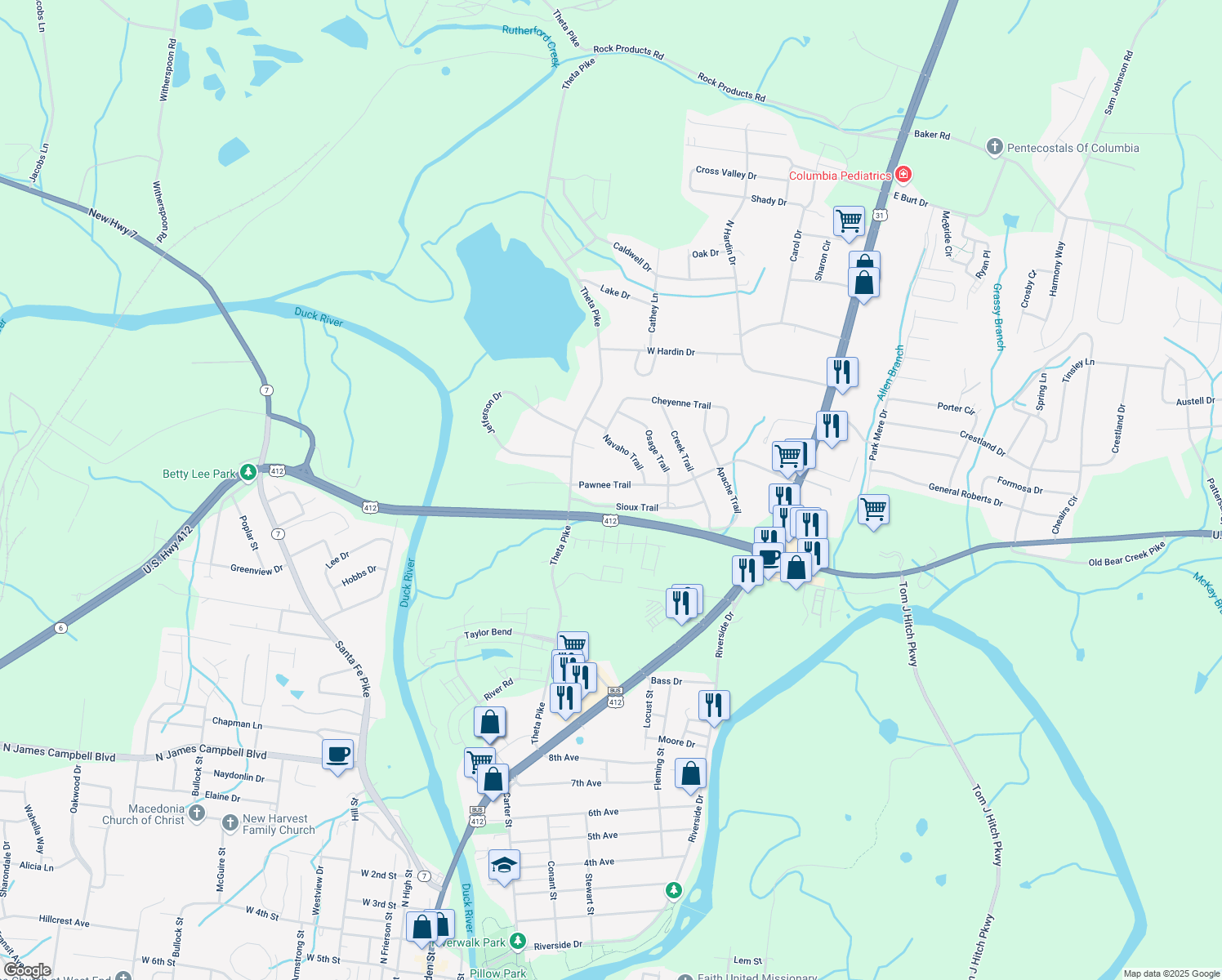 map of restaurants, bars, coffee shops, grocery stores, and more near 511 Pawnee Trail in Columbia
