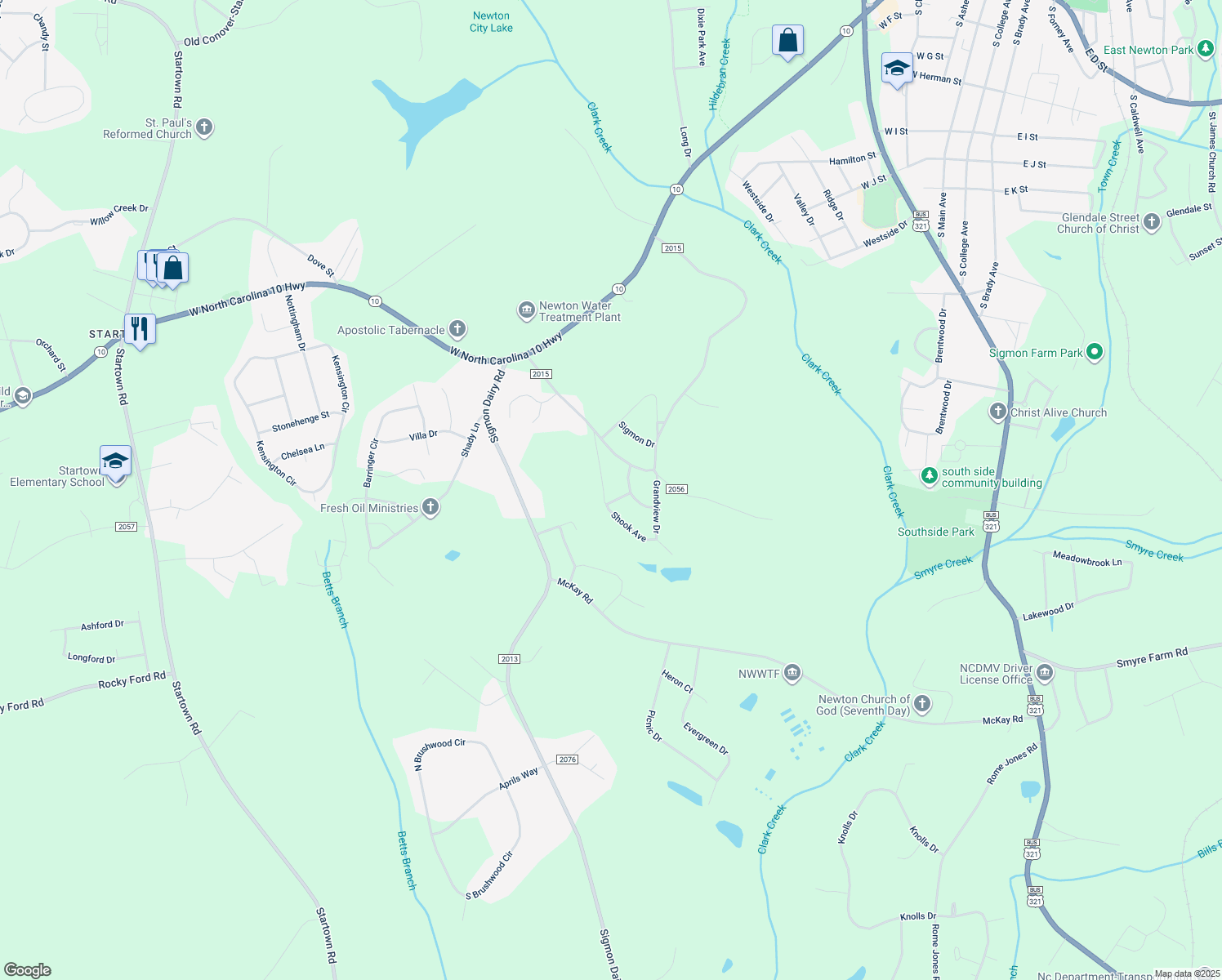 map of restaurants, bars, coffee shops, grocery stores, and more near 1804 Shook Avenue in Newton