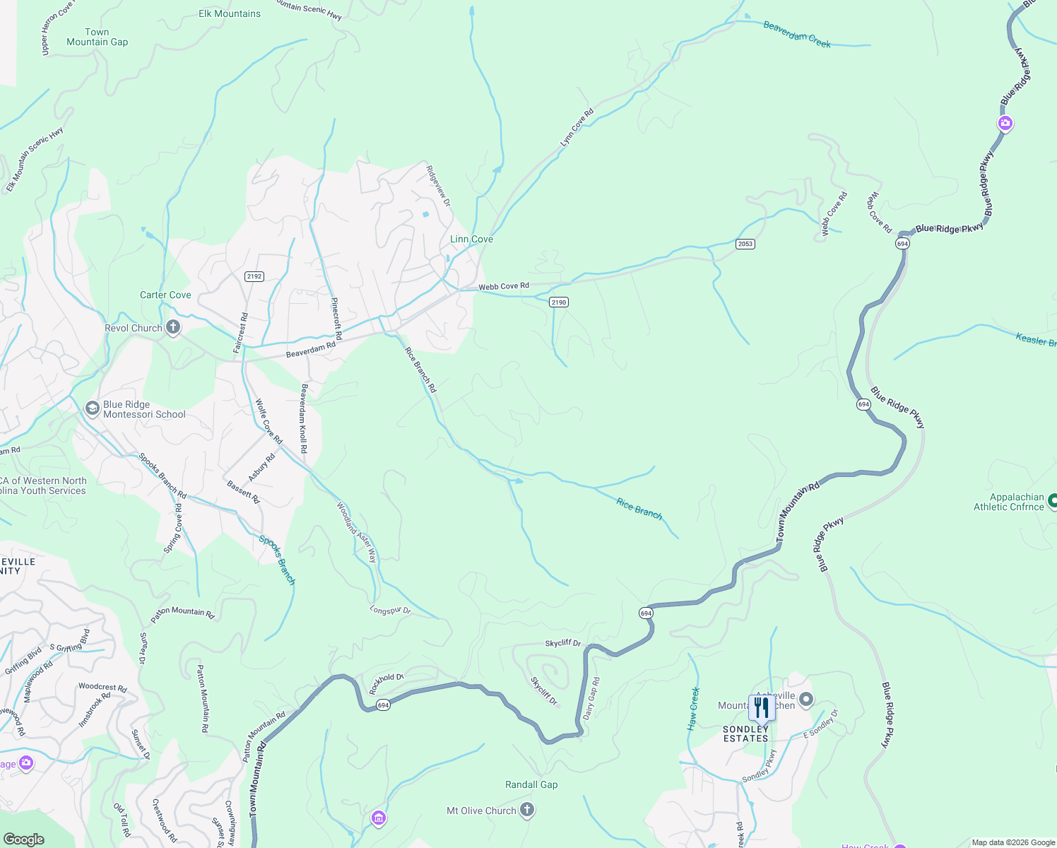 map of restaurants, bars, coffee shops, grocery stores, and more near 35 Hawk View Drive in Asheville