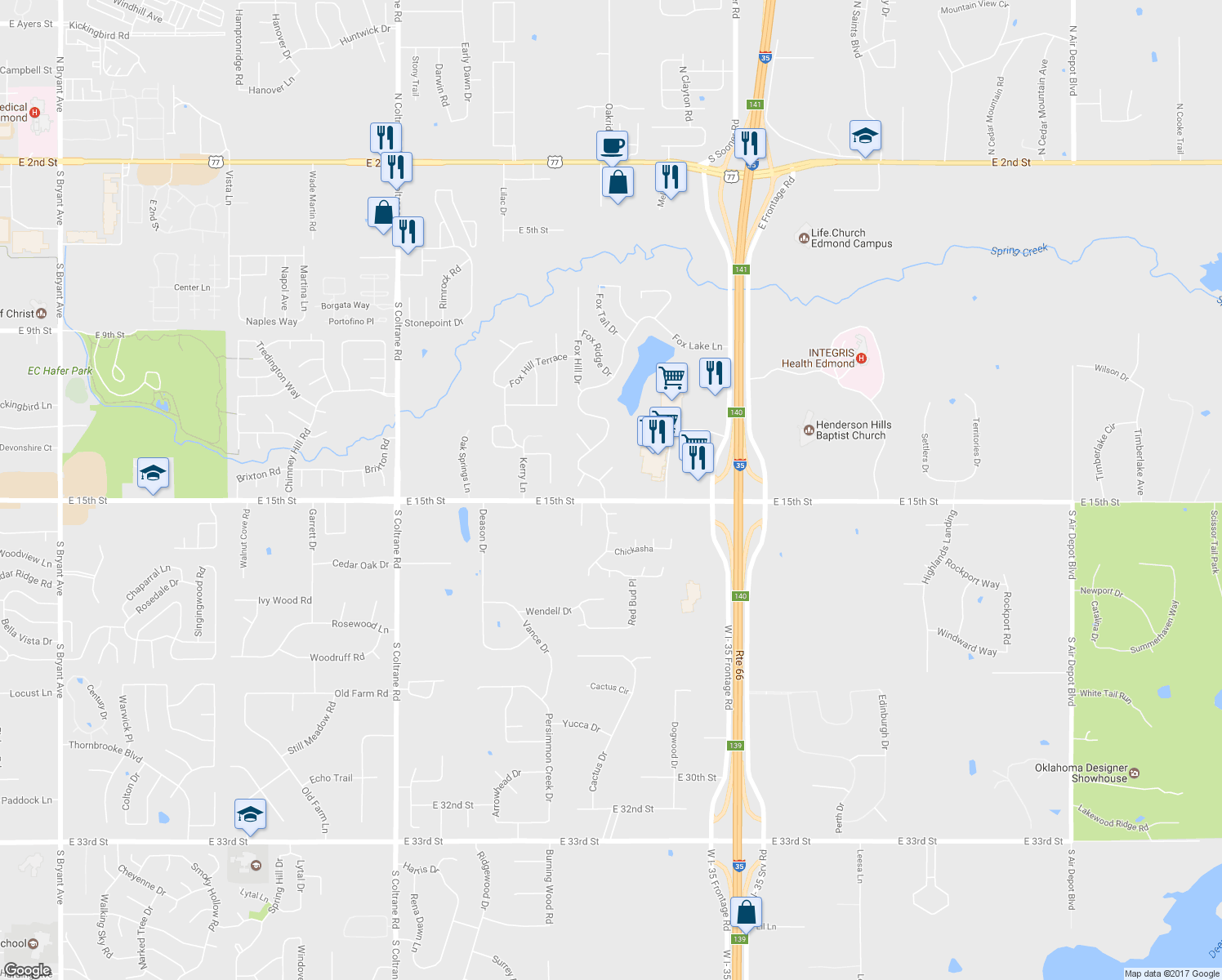 map of restaurants, bars, coffee shops, grocery stores, and more near 1404 Fox Lake Lane in Edmond