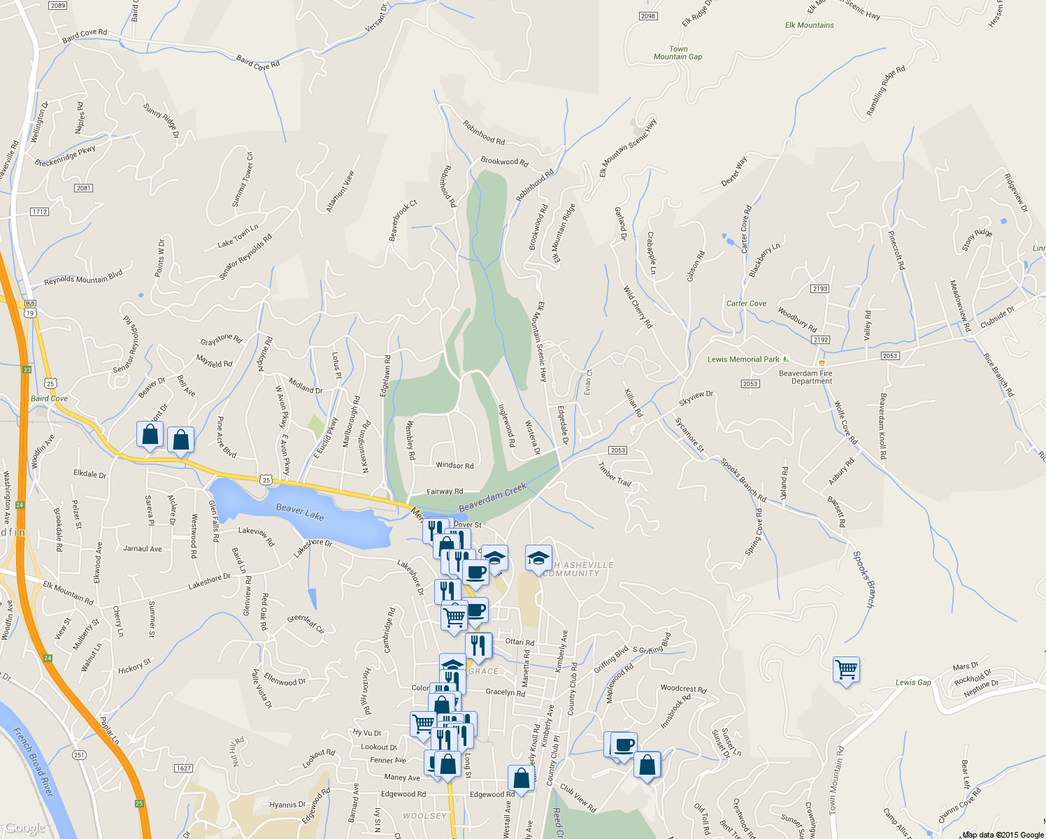 map of restaurants, bars, coffee shops, grocery stores, and more near 24 Wisteria Drive in Asheville