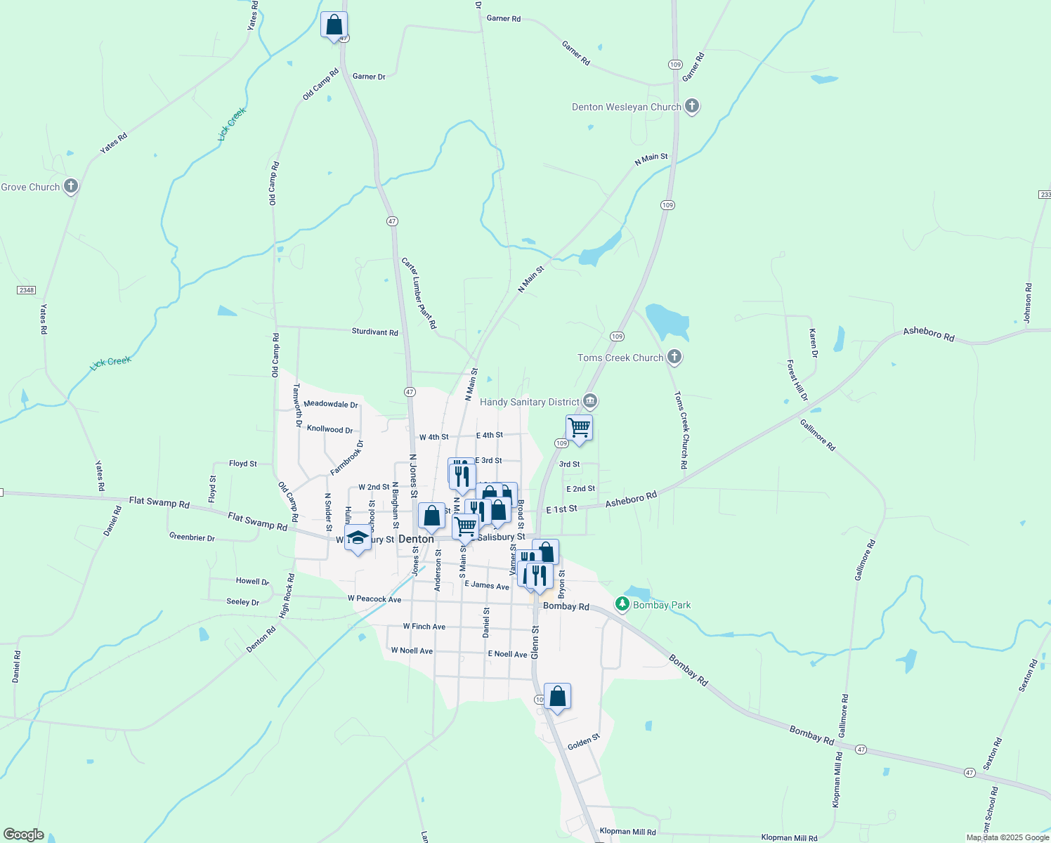 map of restaurants, bars, coffee shops, grocery stores, and more near 386 Broad Street in Denton