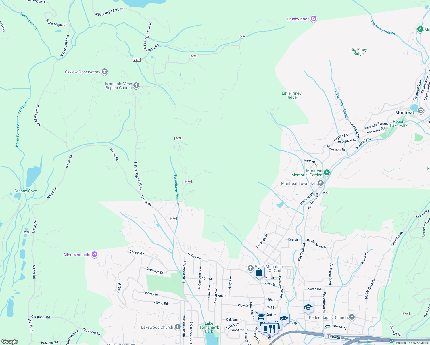 map of restaurants, bars, coffee shops, grocery stores, and more near 68 South Hi Trail in Black Mountain