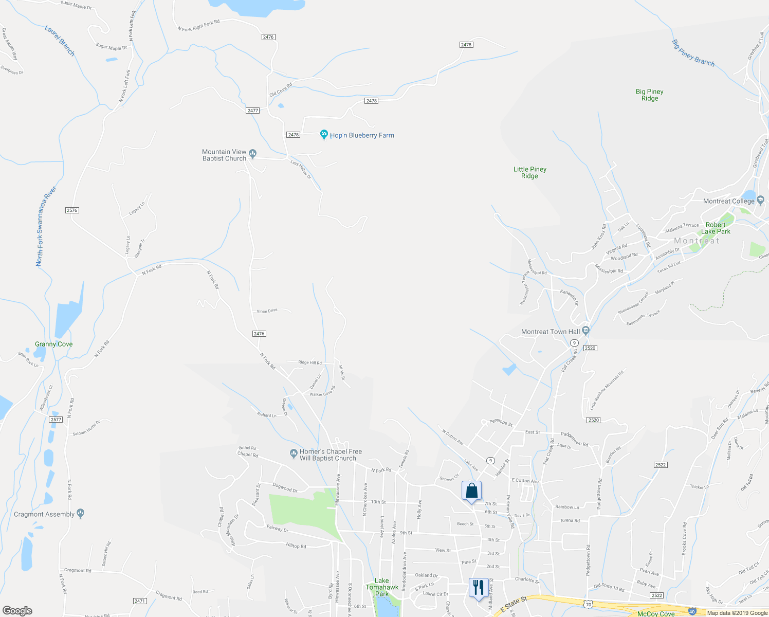map of restaurants, bars, coffee shops, grocery stores, and more near 68 South Hi Trail in Black Mountain