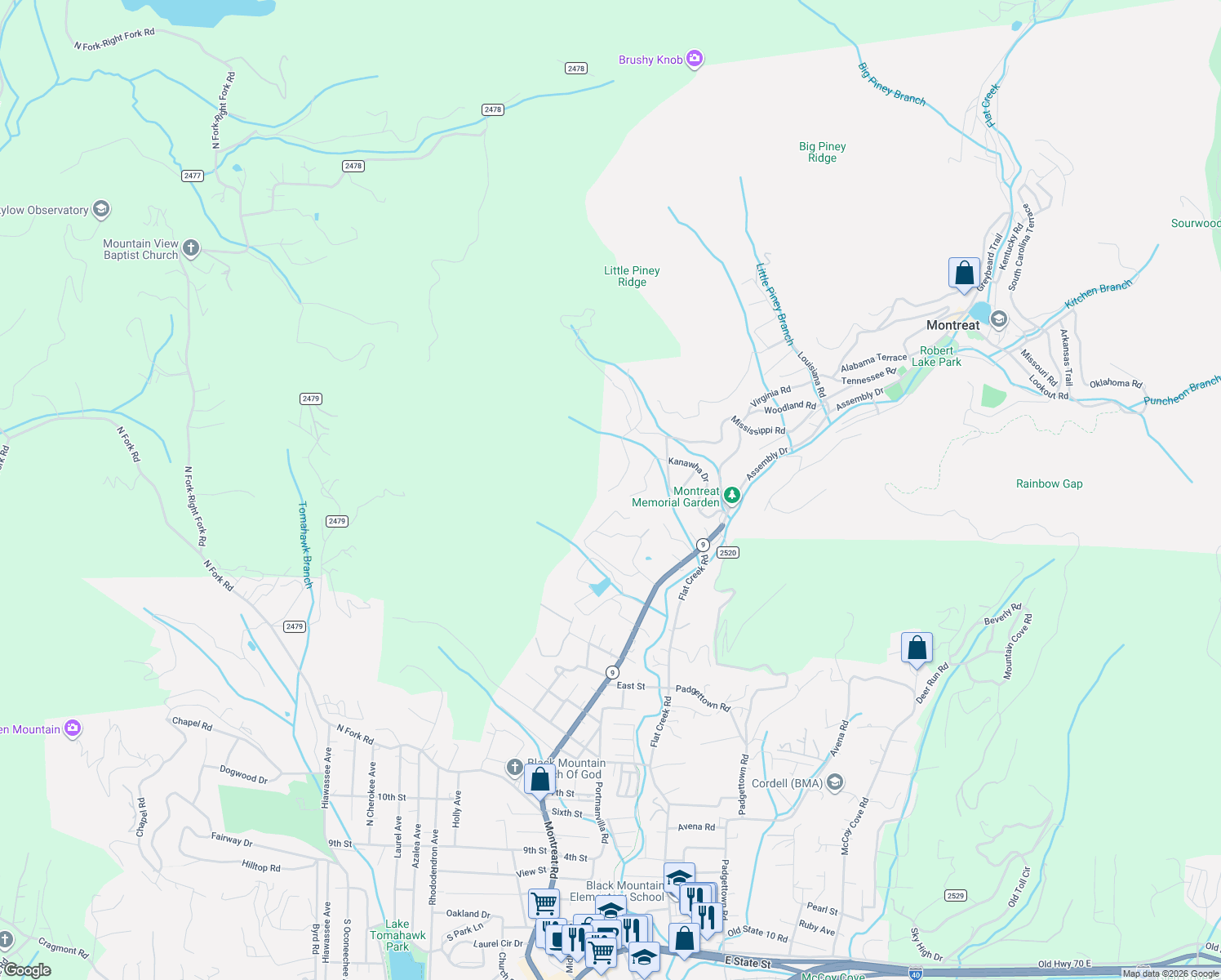 map of restaurants, bars, coffee shops, grocery stores, and more near 93 Westminster Terrace in Black Mountain