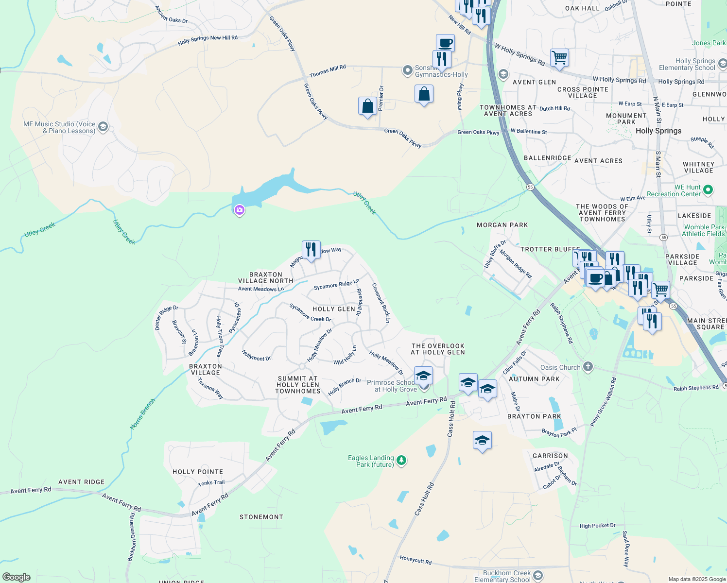 map of restaurants, bars, coffee shops, grocery stores, and more near 217 Rivendell Dr in Holly Springs