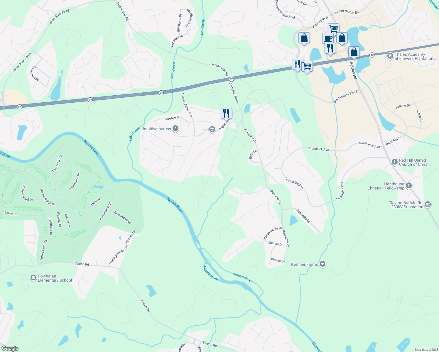 map of restaurants, bars, coffee shops, grocery stores, and more near 70 Calabria Court in Clayton